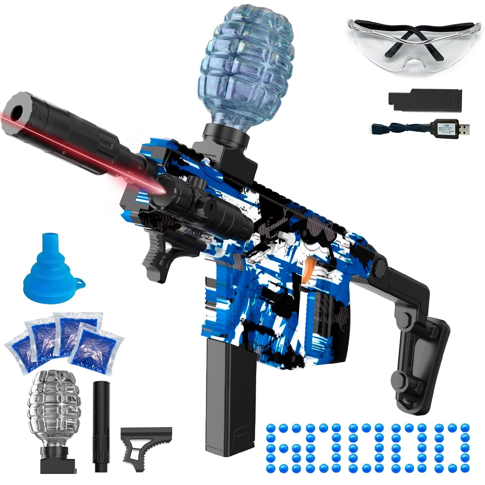 Electric Gel Ball Blaster, High Speed Automatic Splatter Ball Blaster with 60000+ and Goggles, Rechargeable Splatter Ball Toys for Outdoor Activities Shooting Game Party Favors-Blue