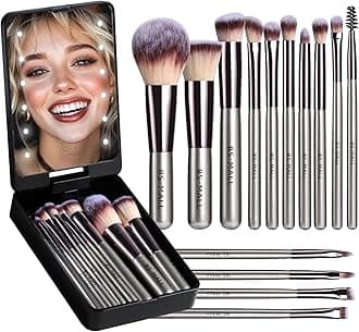 BS-MALL Travel Makeup Brush Set Foundation Powder Concealers Eye Shadows Makeup Set with LED light Mirror 14 Pcs (C-Champange)