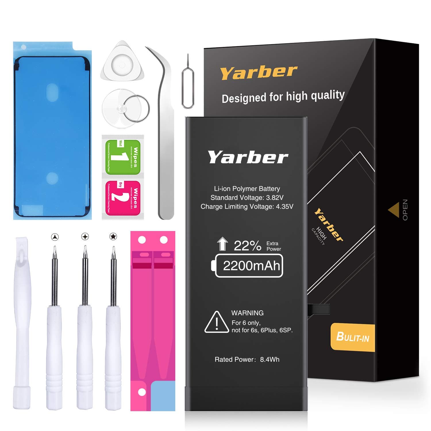 Yarber Battery for iPhone 6, 2200mAh iPhone 6 Battery Replacement High Capacity New 0 Cycle, with Complete Replacement Tool Kits