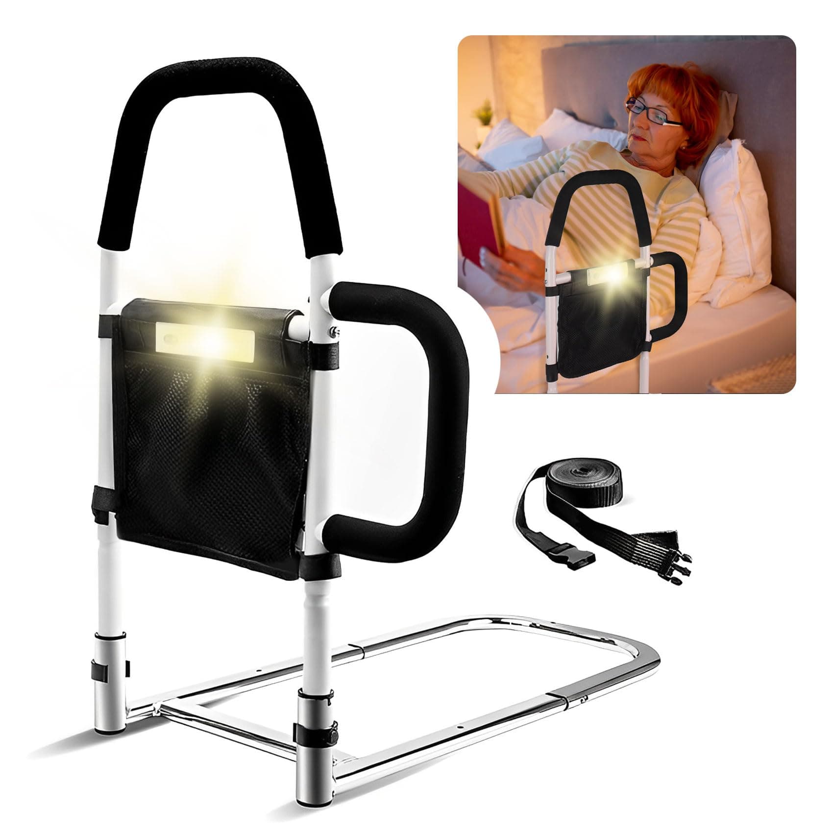 Bed Rails for Elderly Adults with Motion Light, Storage Pockets and Reinforced Side Handles, Bed Guard, Ideal Mobility Aid for Seniors, Disabled, Children, Pregnant Women
