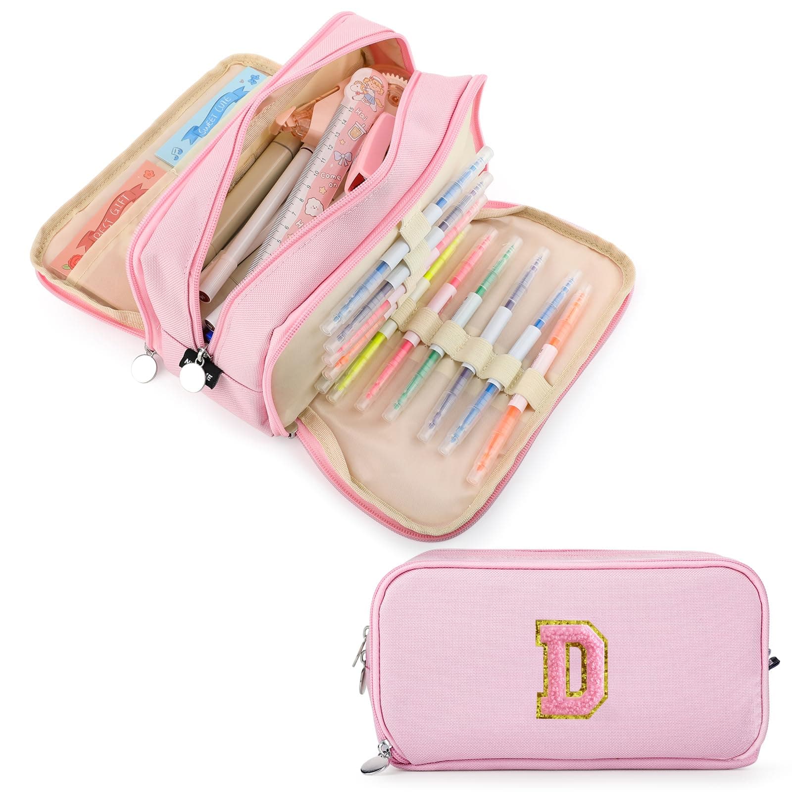 Extra Large Capacity Pencil Case 3 Compartment Initial Pencil Pouch Personalized Cute Aesthetic Stationery Pen Case Bag for School Teen Girl Boy Men Women Gift (D, Pink)