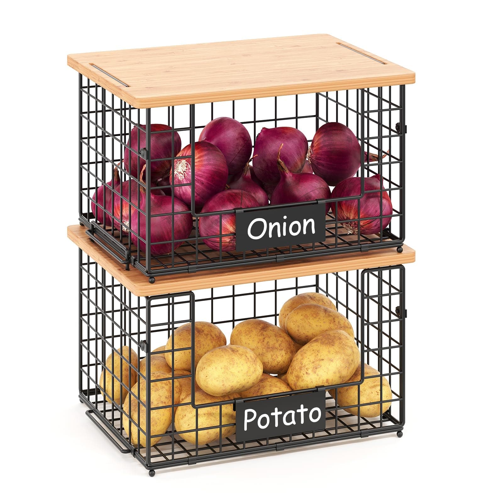 keomaisyto 2 Set XL Stackable Wire Baskets with Bamboo Top- Pantry Organizers and Storage, Kitchen Organization Counter Storage Bins for Potato/Onion/Fruit/Vegetable/Produce, Under Sink Organizing