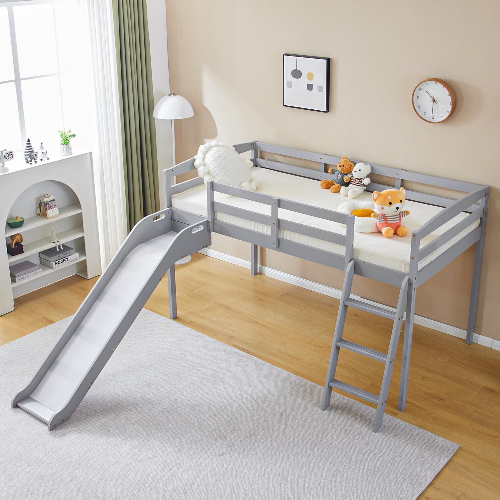 JOYMOR Bunk Bed with Curved Slide, Low Bunk Bed Twin Over Twin with Slide and Angled Ladder, Solid Pine Wood Frame,14" Safety Guardrail, Anti-Slip Steps (Gray, Twin)