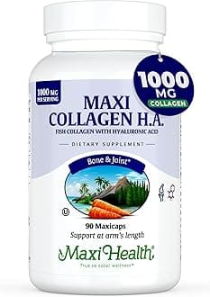 Maxi Health Marine Collagen Pills – 1000 mg Type 1 Collagen for Women & Men with Hyaluronic Acid Supplement for Joint & Skin Support – Unflavored, Clean Kosher Capsules (90 Maxicaps)
