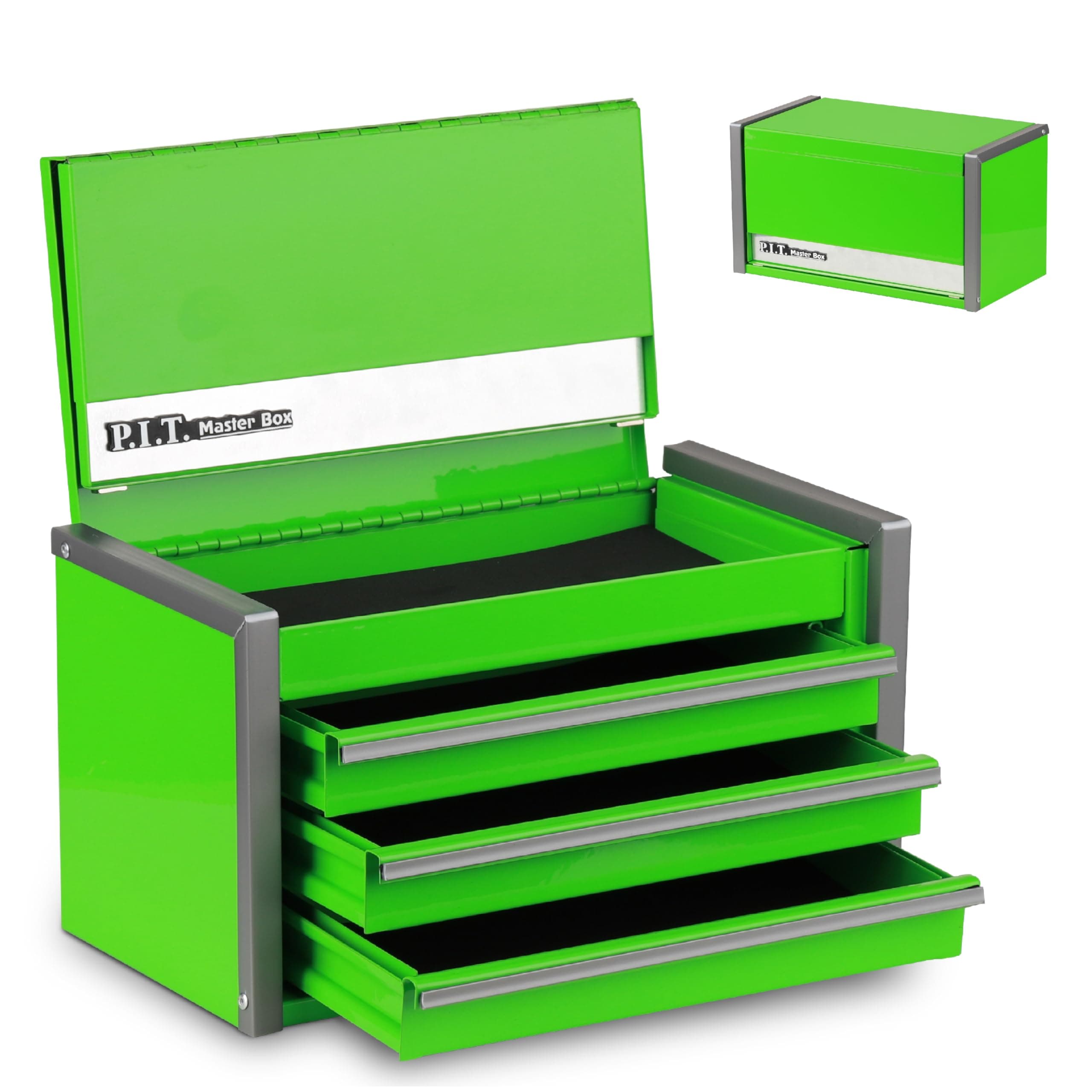 P.I.T. Mini Green Tool Box, Portable 3 Drawer Steel Tool Box with Magnetic Tab Locking, Green Micro Top Chest with Liner for Tools Storage, Home DIY