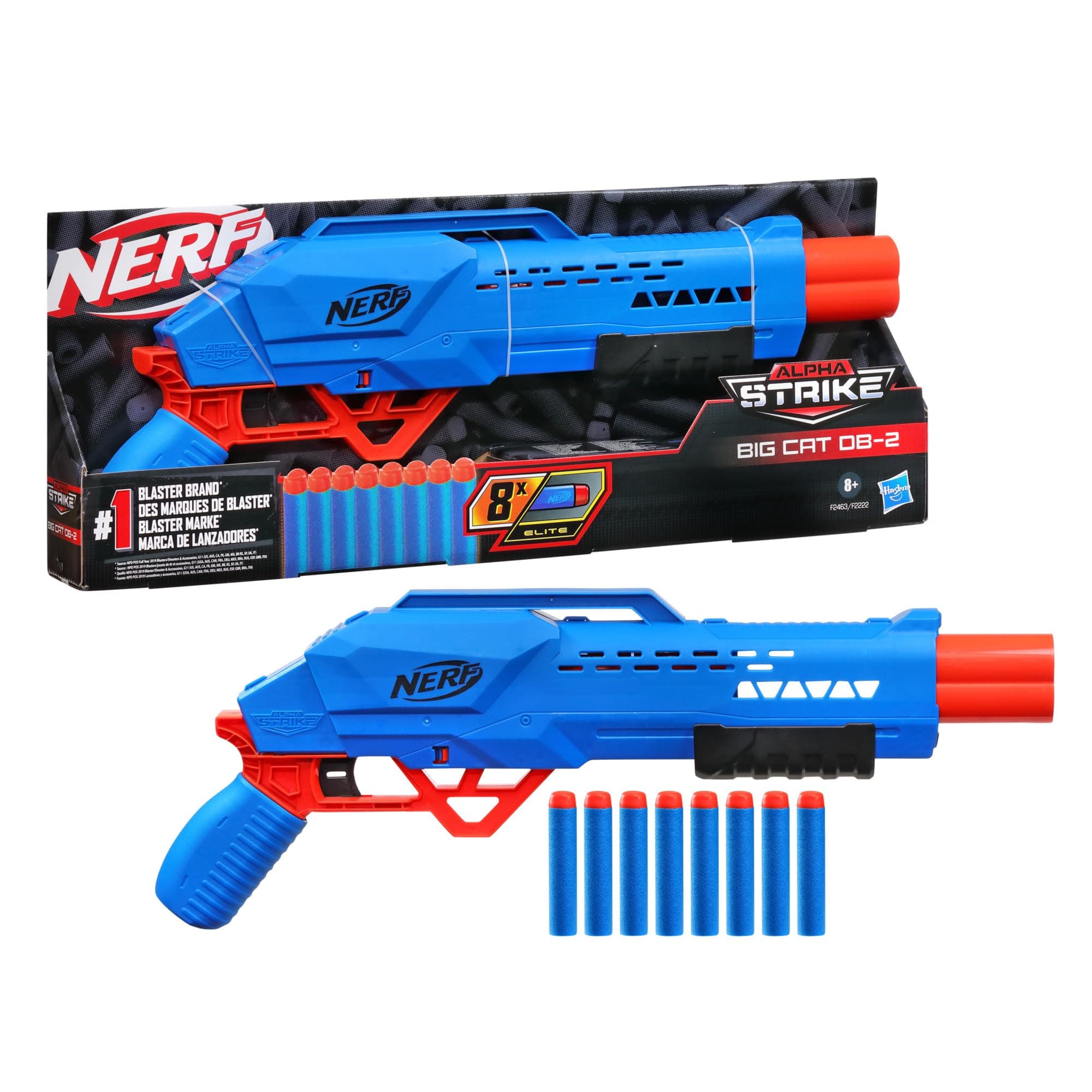 Alpha Strike Big Cat DB-2 Blaster,Double-Barrel Blasting, Fires 2 Darts in a Row,Includes 8 Official Nerf Elite Darts,(F2463)