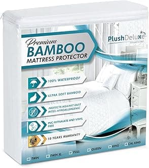 PlushDeluxe Premium Bamboo Mattress Protector – Waterproof & Ultra Soft Breathable Bed Mattress Cover for Comfort & Protection - (Queen Size)