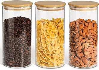 Airtight Glass Storage Canister with Wood Lid(1.5 Qt), Set of 3 Glass Jars with Lids, Clear Food Storage Container Jar with Sealing Lids for Dry Food Cereal Oat Sugar Tea Coffee Beans, Round