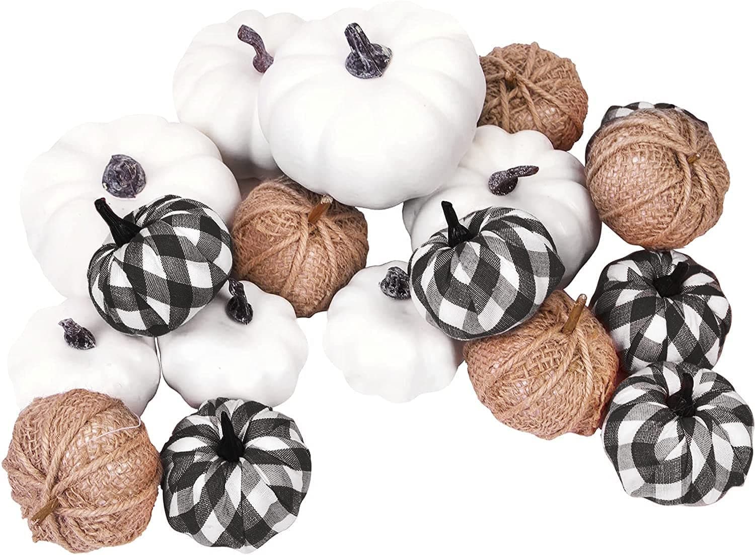18 Pcs Pumpkin Decor, Foam Artificial Pumpkins Burlap Grid White Pumpkins for Halloween Autumn Wedding Harvest Party Thanksgiving Fall Home Decorations