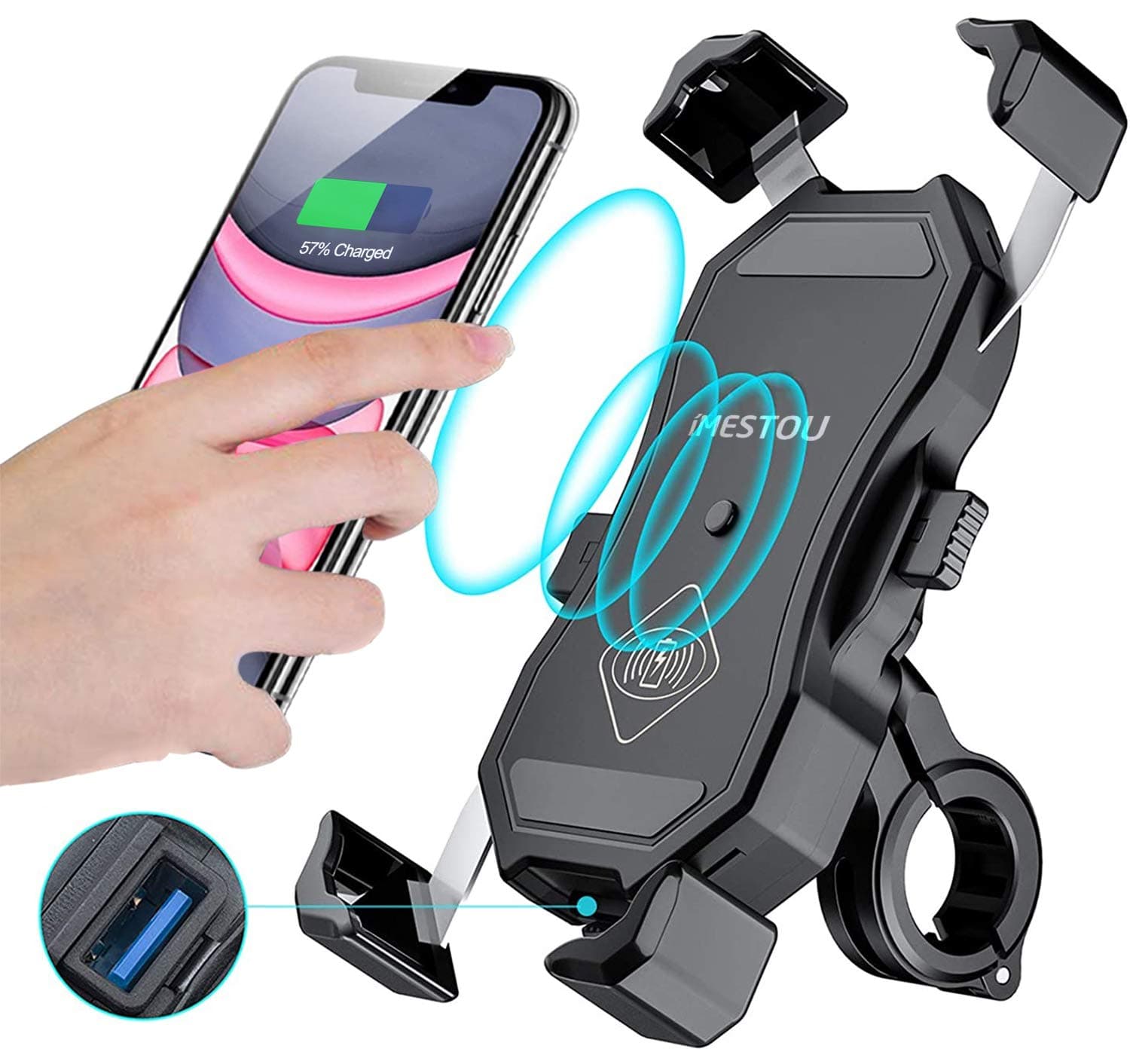 Motorcycle Phone Mount with Wireless and USB A