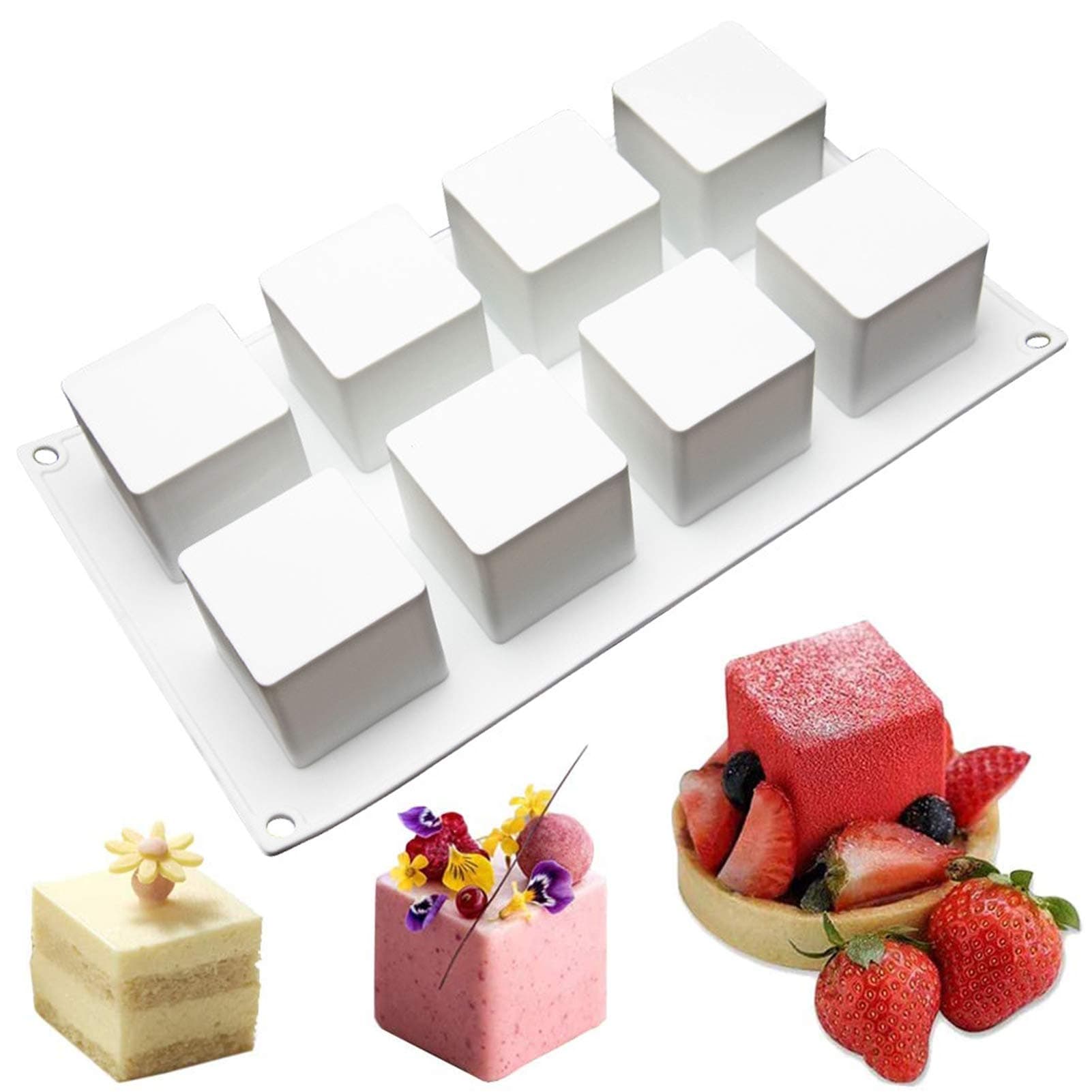 OCPO Kitchen Silicone Molds for Baking 3D Shape Mousse Cake Molds 3D Square-8 Cavity White SSM