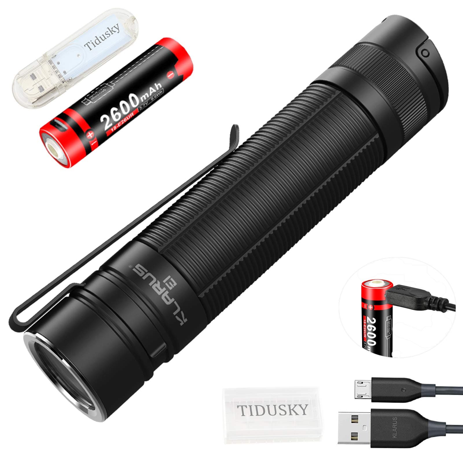 Klarus E1 Tactical Torch 1000 Lumen Cool White LED Portable Flashlight Rechargeable Dual Switch EDC Torches with 18650 Battery & Tidusky USB Lights & Batteries Case