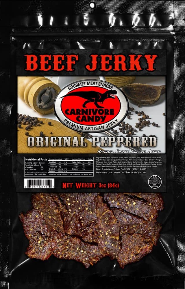 Carnivore Candy Original Peppered Beef Jerky - High Protein, Low Fat Snack - 100% Natural, Gluten-Free, Keto-Friendly - Premium Quality Gourmet Jerky - (3) 3oz bag