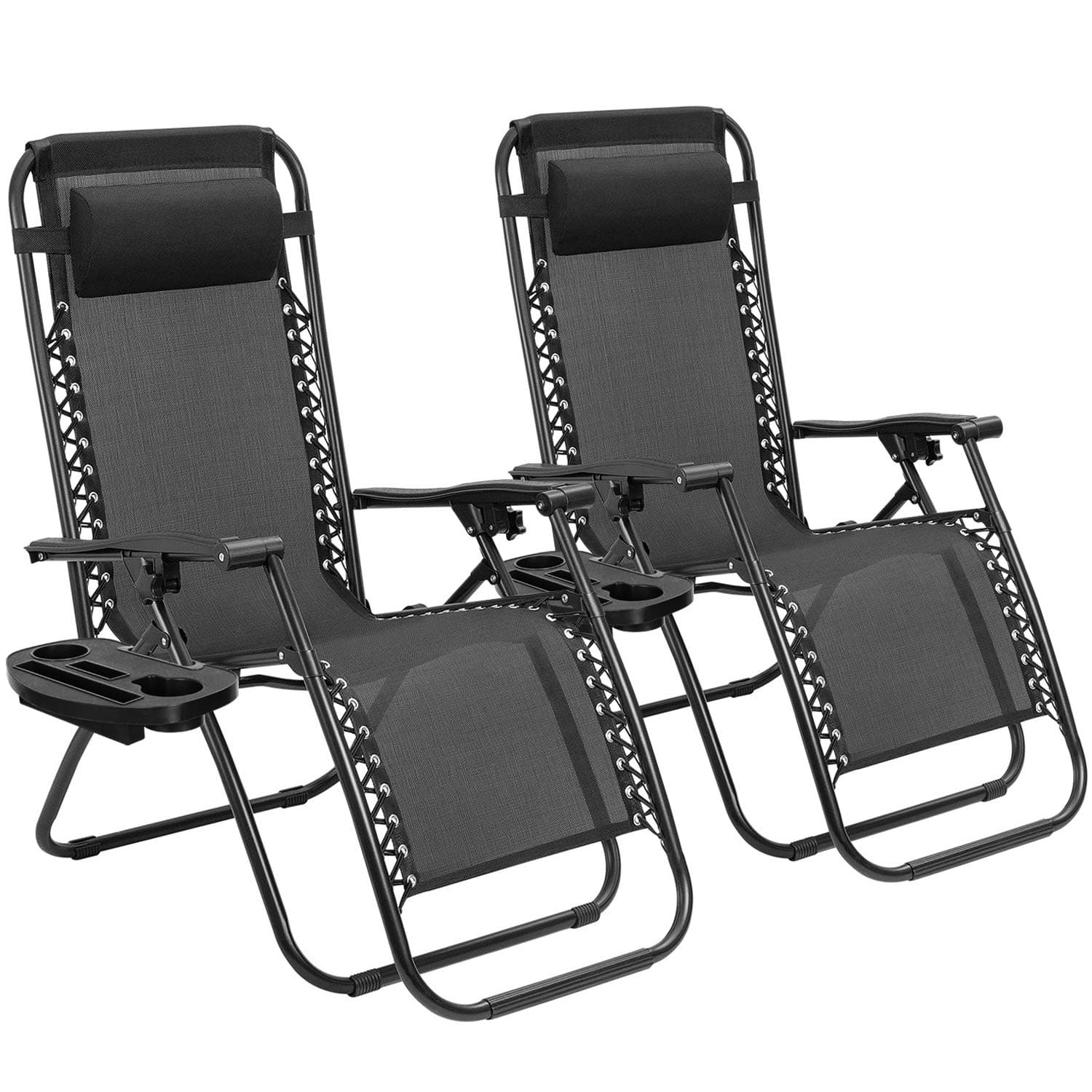 Zero Gravity Adjustable Outdoor Folding Lounge Patio Chairs with Pillow Recliners for Poolside, Beach, Yard Set of 2, Black