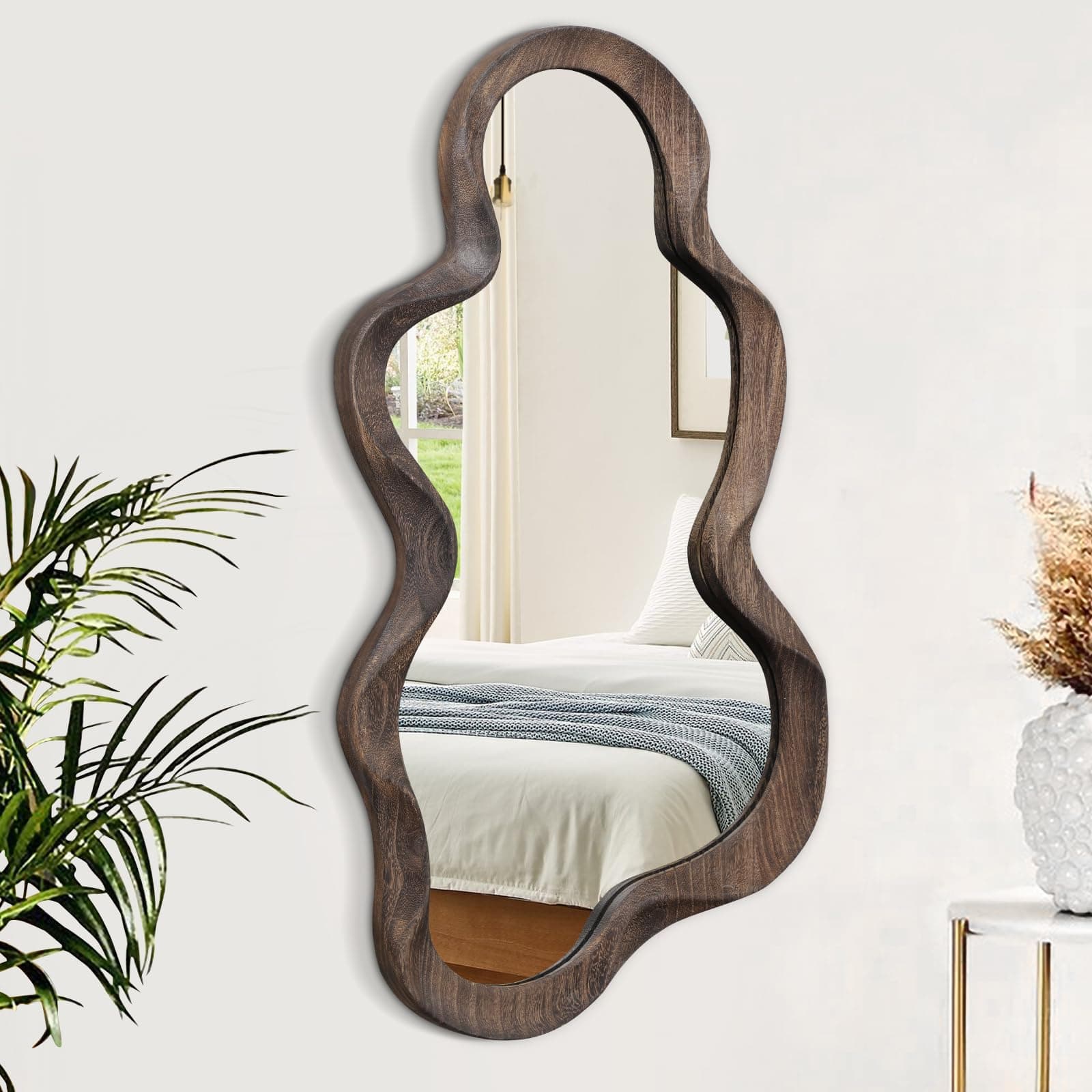 Asymmetrical Cloud Mirror - Irregular Wood Frame, Modern Artistic Wall Mirror, Decorative for Bathroom, Living Room, Bedroom, Entryway & Hallway - 90x50cm
