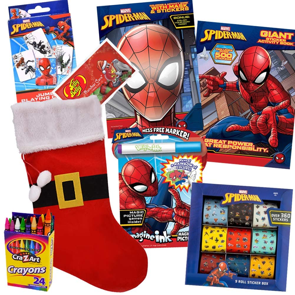 Spiderman Christmas Stocking Bundle by ColorBox Crate, 8 Pack Spider-Man with Spider Man Coloring Books, 900 Spiderman Stickers, Spiderman Mask, Christmas Candy for Children Ages 3-8