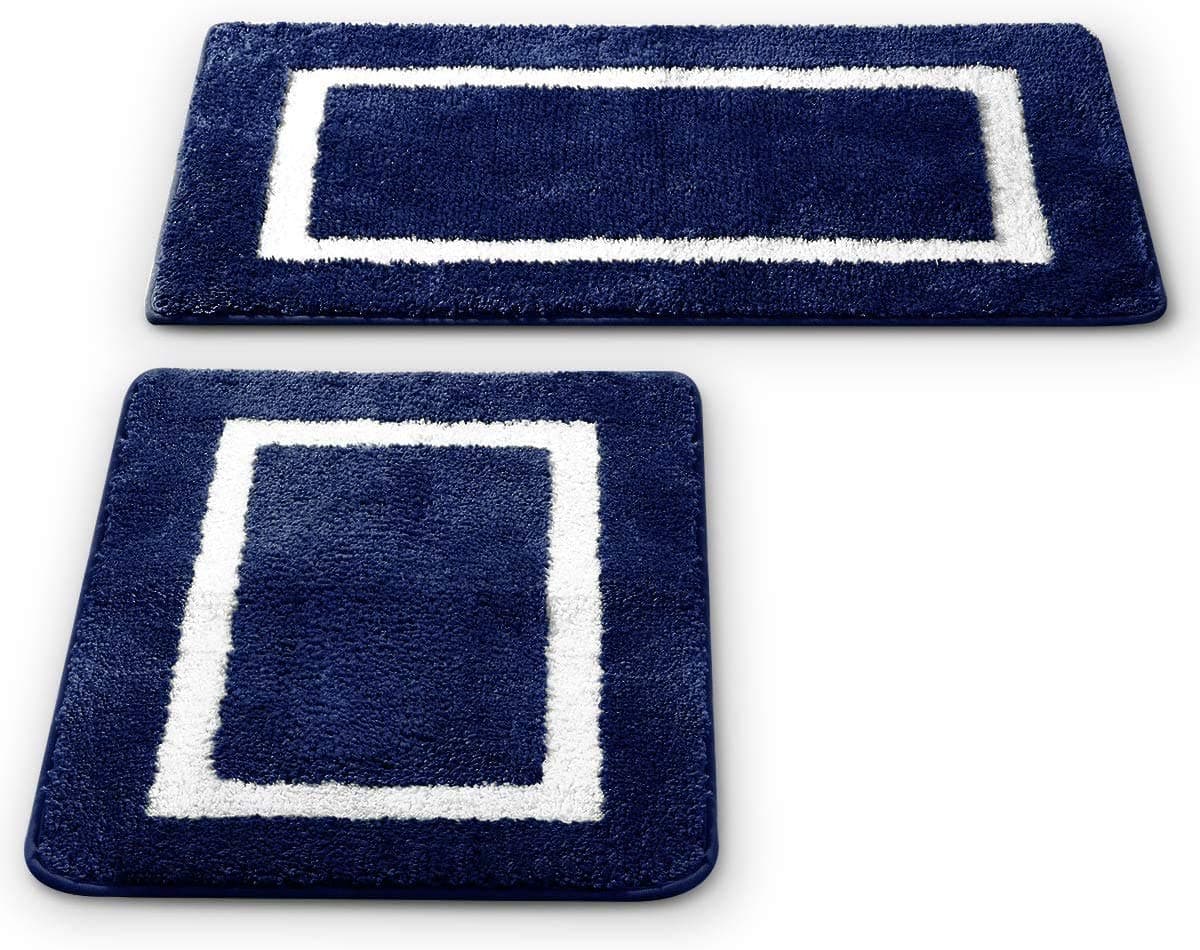 2 Pack Ultra Soft Microfiber Bath Mat, Anti Slip Bath Rug Set, Strong Absorbent, Machine Washable Shower Rugs, Perfect Plush Bathroom Mat for Tub, Shower and Bathroom (L+M, Navy/White)