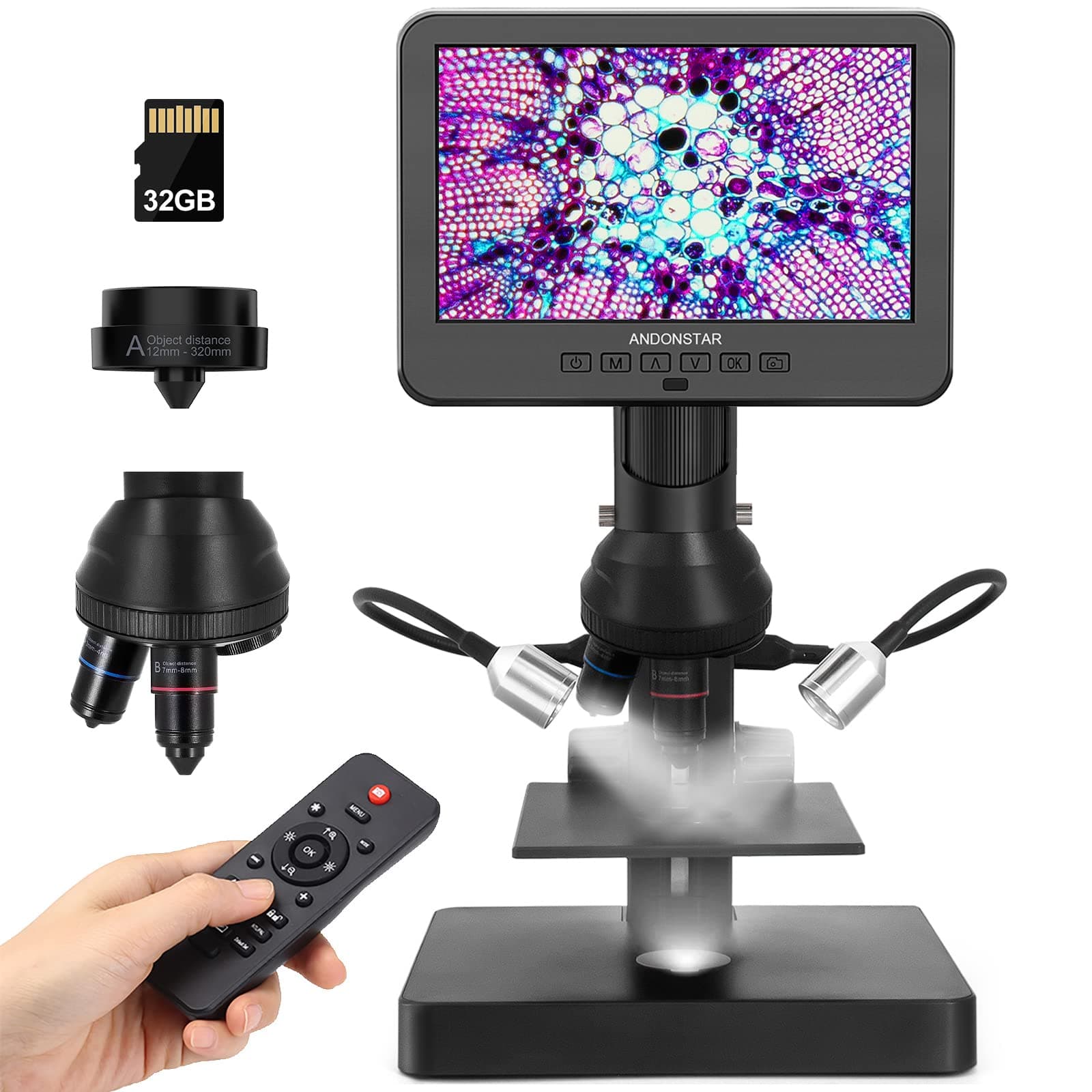 AD246S-P HDMI Digital Microscope with 7'' Screen, 4000x 3 Lens 2160P UHD Video Record, Coin Microscope for Error Coins, Biological Microscope Kit for Adults and Kids, Prepred Slides