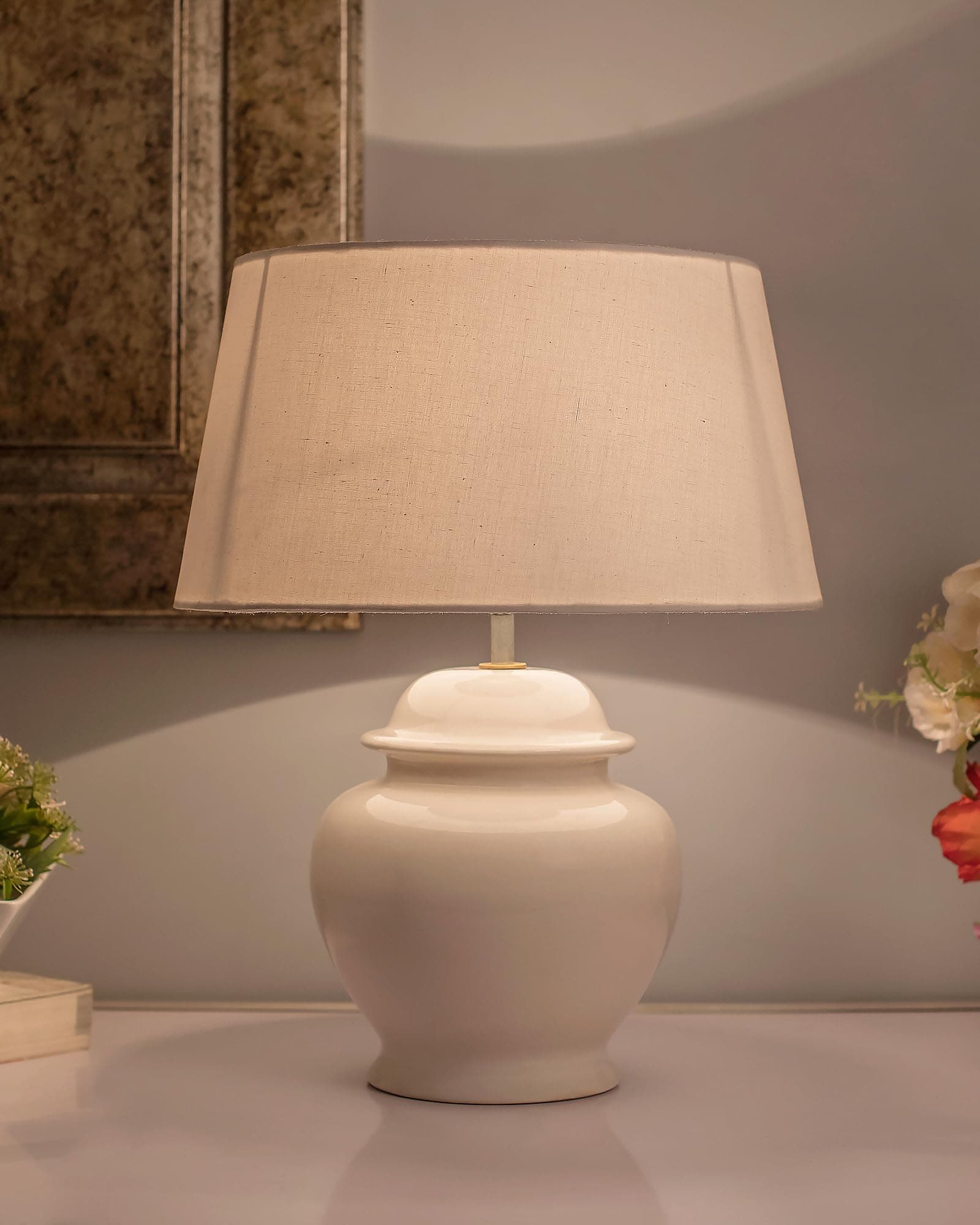 Homesake ® Ceramic White Pot Base LED Table Lamp with Shade, Table Lamp for Bedroom Living Room, Modern Bedside Light, Nightstand Lamp for Home Office, Minimalist Style Accent Lighting Décor, (Daisy)