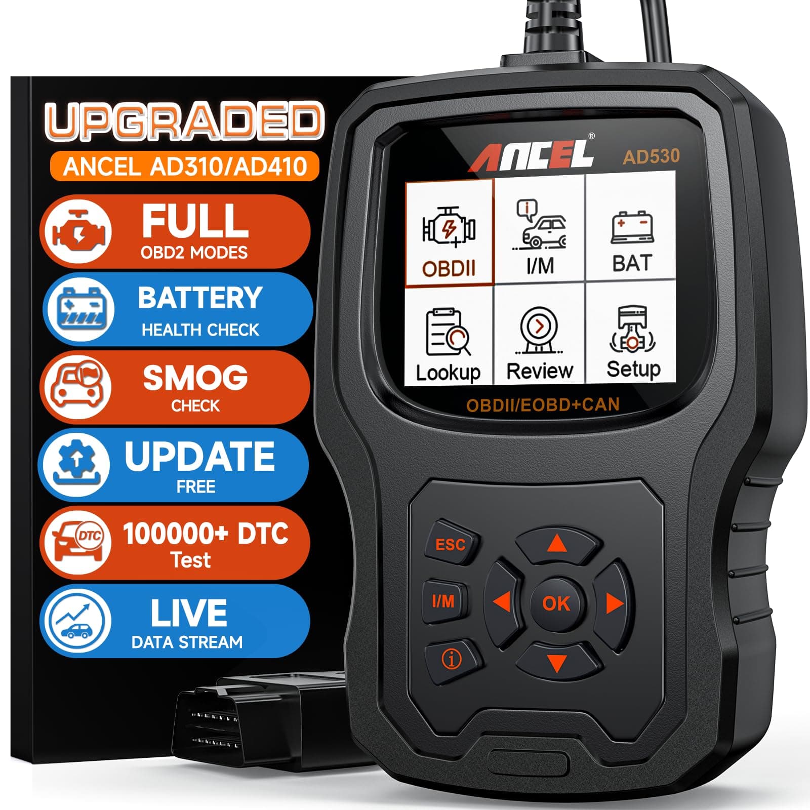 ANCEL AD530 OBD2 Scanner-Upgraded AD310, Car Code Reader for Check Engine Light, Full OBDII Scan Tool for Read & Clear Fault Codes, Battery Test & Live Data, OBD II Diagnostic Scanner for 1996+ Cars
