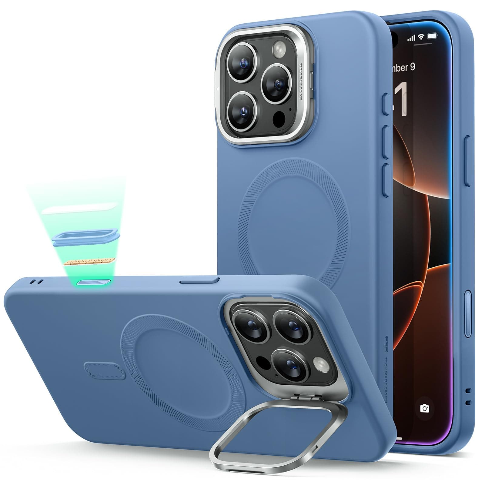 ESR for iPhone 16 Pro Max Case, Silicone Case with Stand, Compatible with MagSafe, Built-in Camera Stash Stand, Magnetic Phone Case for iPhone 16 Pro Max, Cloud Series, Light Blue