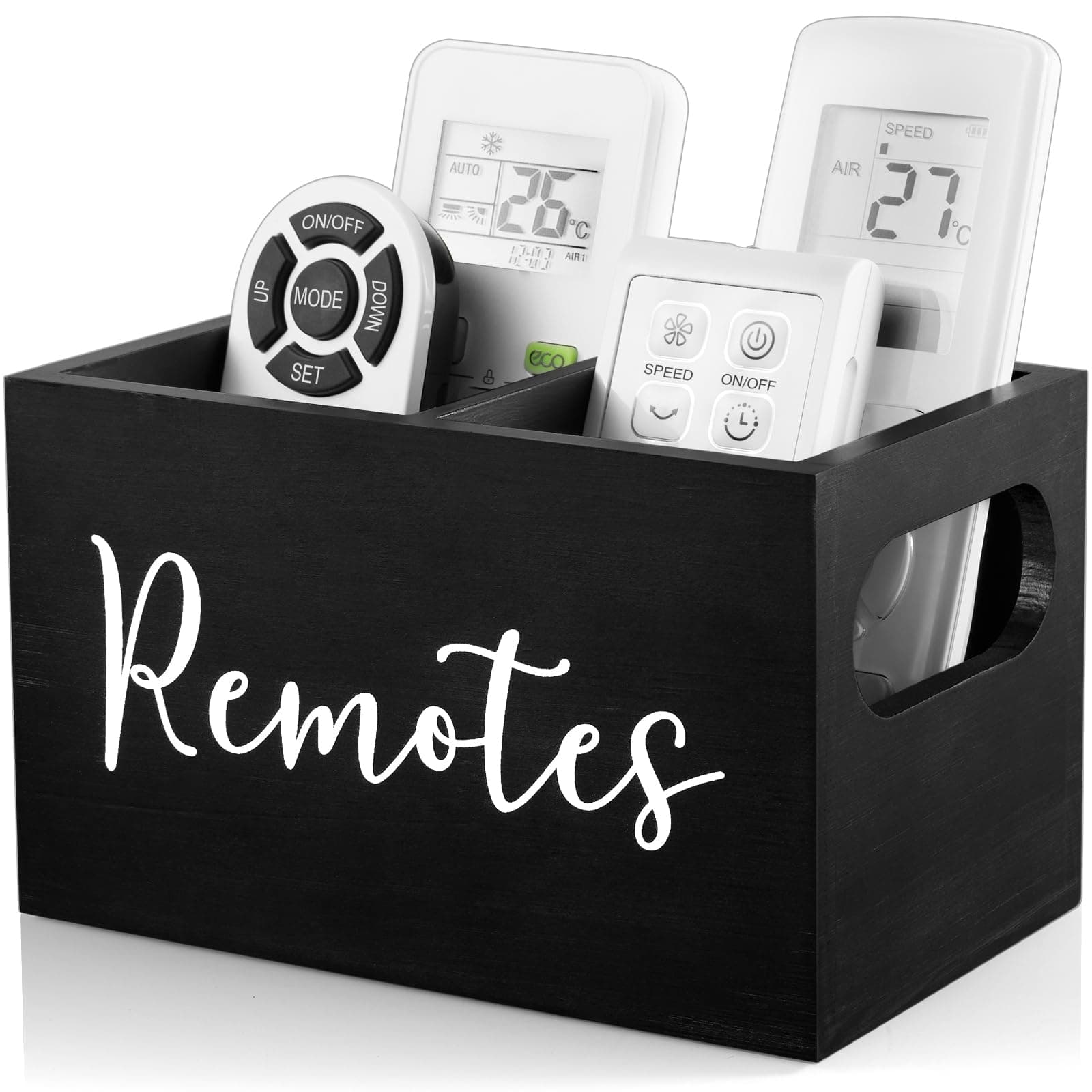DRASTAR Remote Control Holder, Wood TV Remote Holder, Remote Storage Caddy, Remote Control Organizer (Black, 2 Slots)
