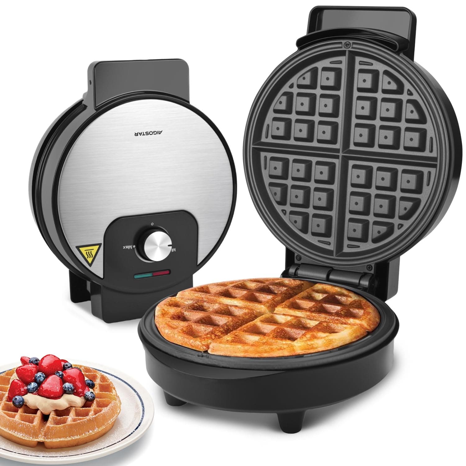 – Aigostar Round Waffle Maker with Adjustable Temperature Control, Non Stick Deep Fill Waffle Iron, Belgian & American Waffle Machine, Cool Touch Handle, 1000W, Stainless Steel - Crunchy