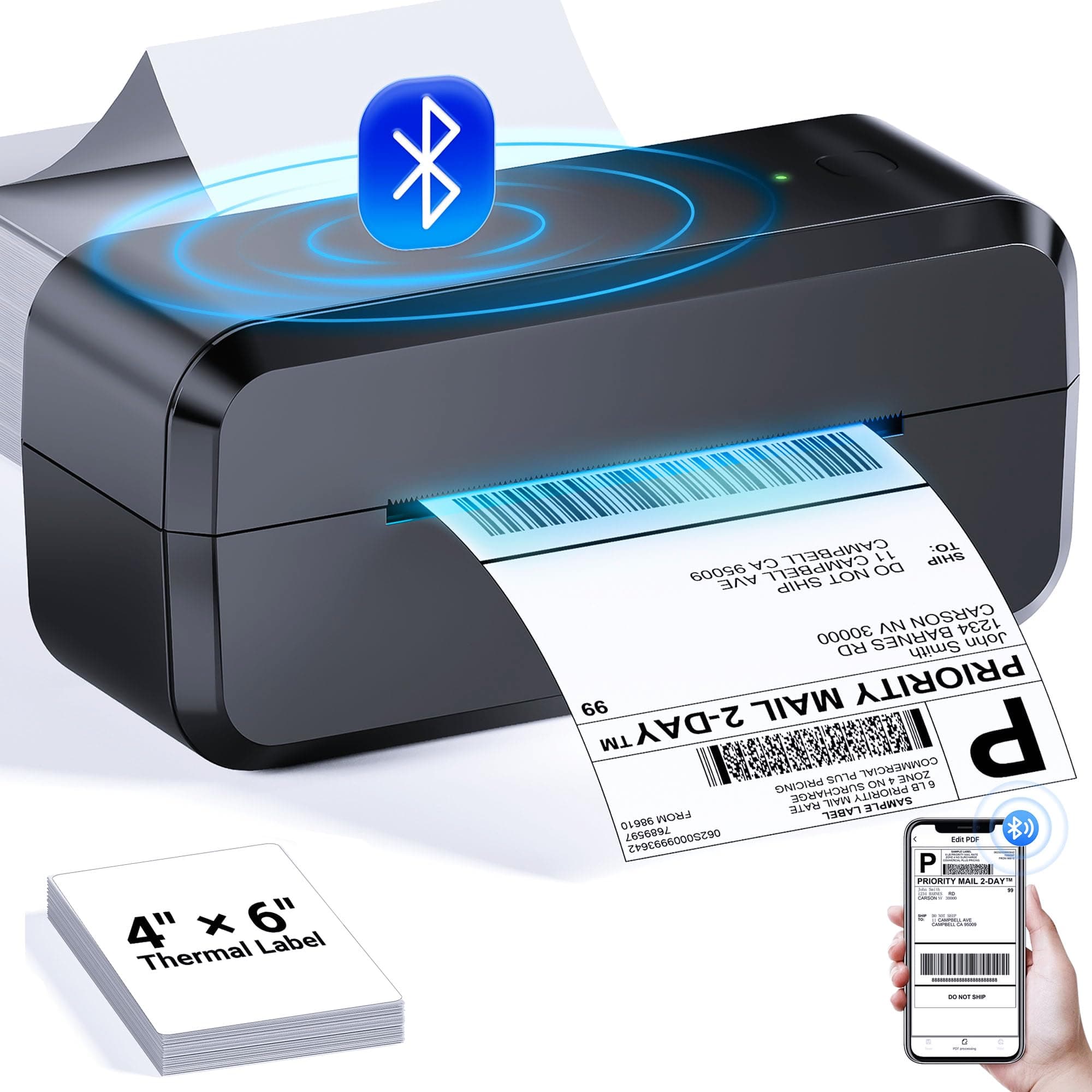 Bluetooth Thermal Label Printer, Wireless 4x6 Shipping Label Printer for Small Business, Compatible with Android, IOS, Windows and Mac, Widely Used for Amazon, Shopify, Ebay, Etsy, Black