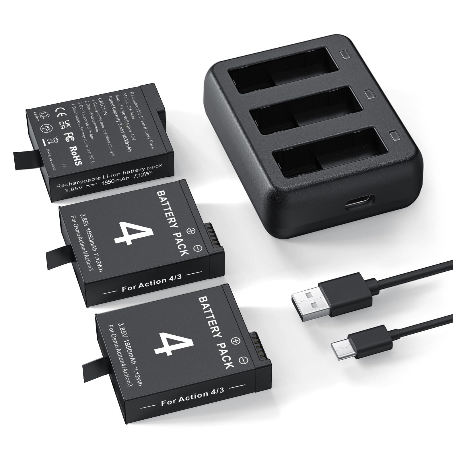 3 Packs Replacement Batteries for DJI Osmo Action 5pro, Osmo Action 4, Osmo Action 3, 1850mAh Rechargeable Battery with 3-Channel Battery Charger, Compatible with DJI Osmo Action 4 3 Accessories