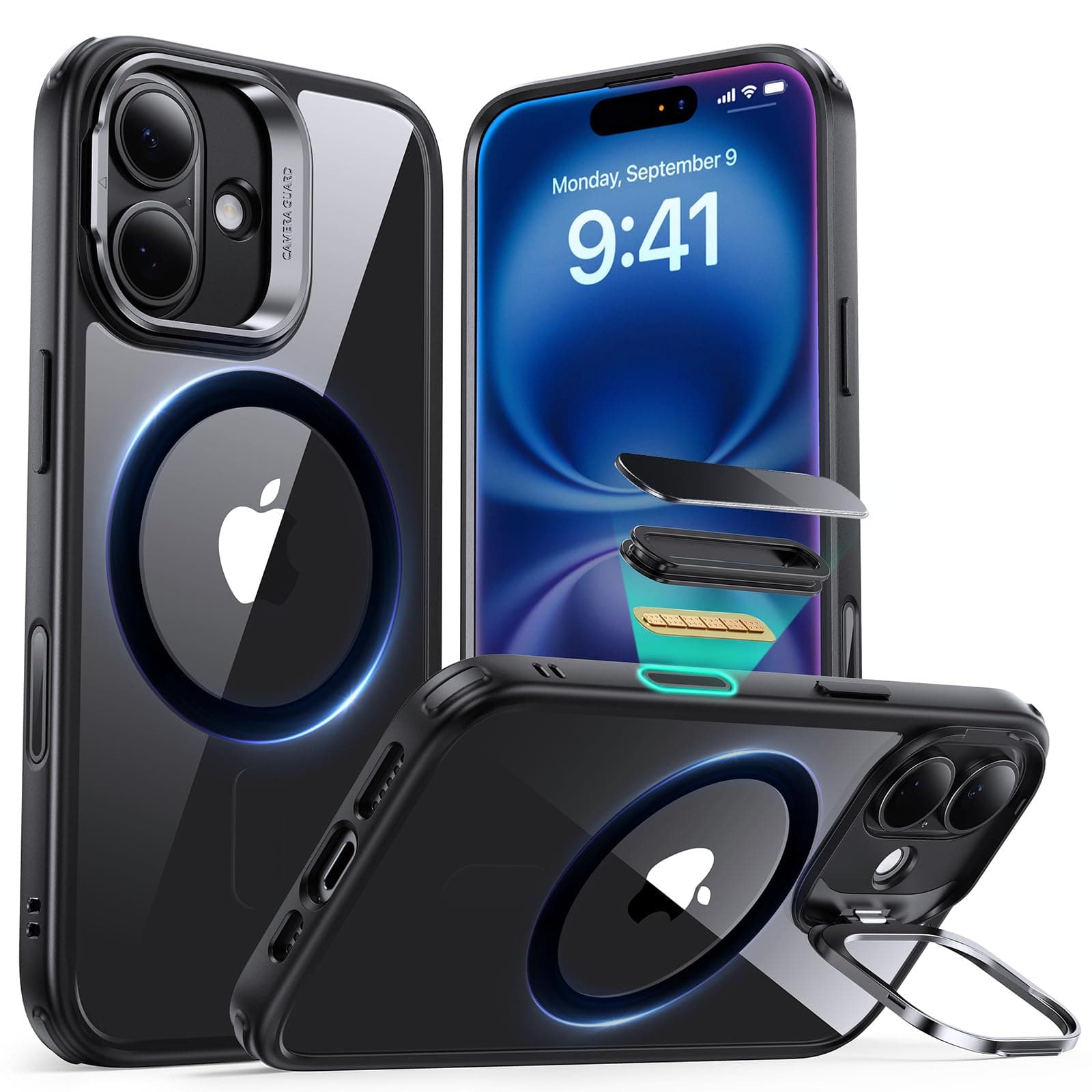 ESR for iPhone 16 Case, Compatible with, Military-Grade Protective Case, Built-in Stash Stand Phone Case, Scratch-Resistant Back Cover, Classic Series, Clear Black