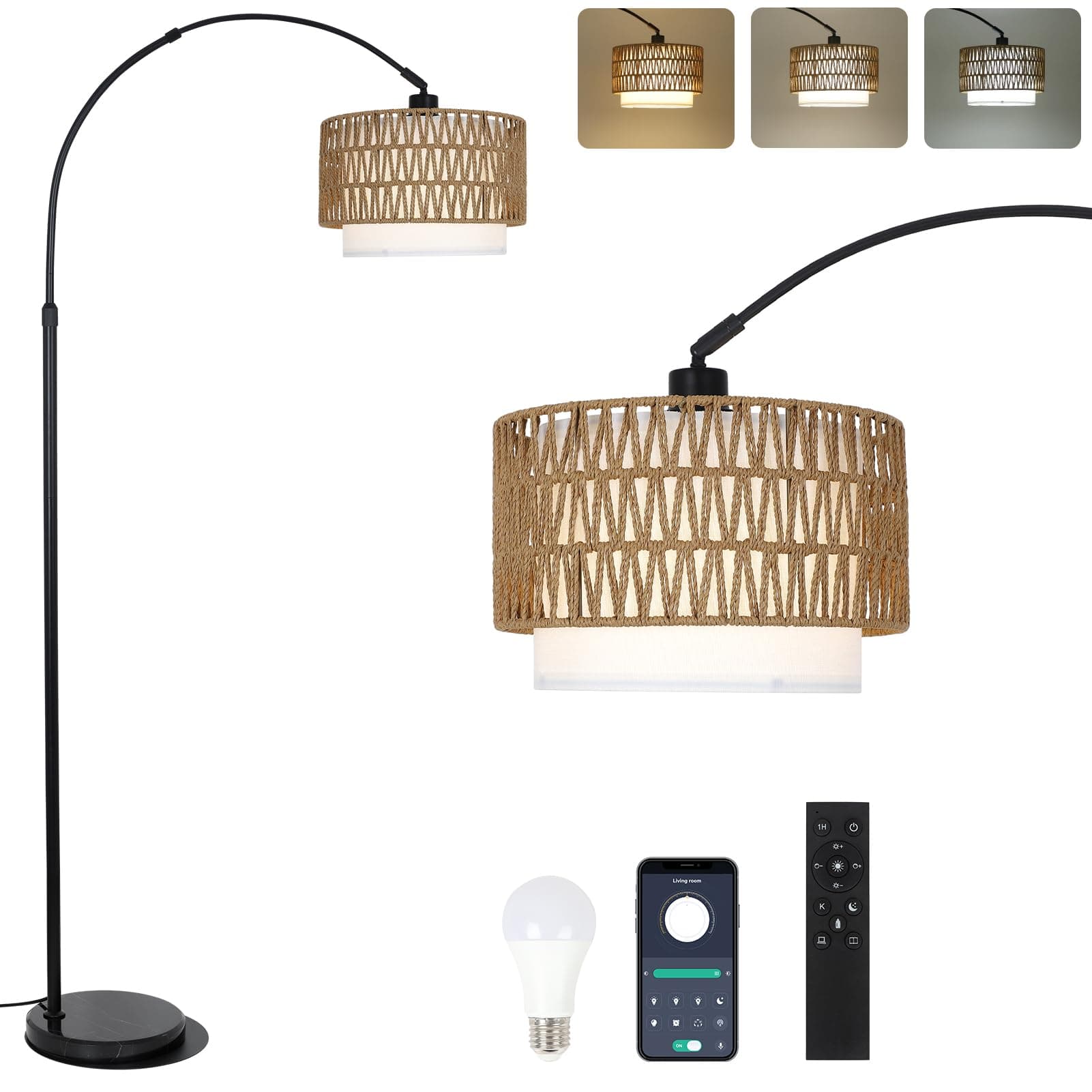 eyassi Arc Floor Lamp with Remote, Modern LED Floor Lamp with Dimmable Bulb, Boho Farmhouse Standing lamp with Fabric & Rattan Lampshades, Height Adjustable Black Tall Lamp for Living Room Bedroom