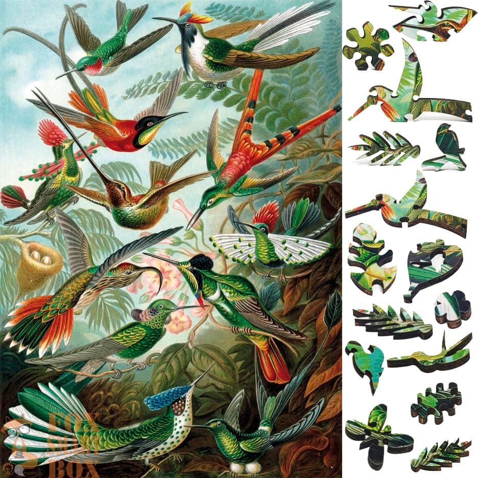 Wooden Jigsaw Puzzle for Adults - Uniquely Shaped Pieces - Made in The USA by FoxSmartBox - 145 Pieces - Hummingbirds