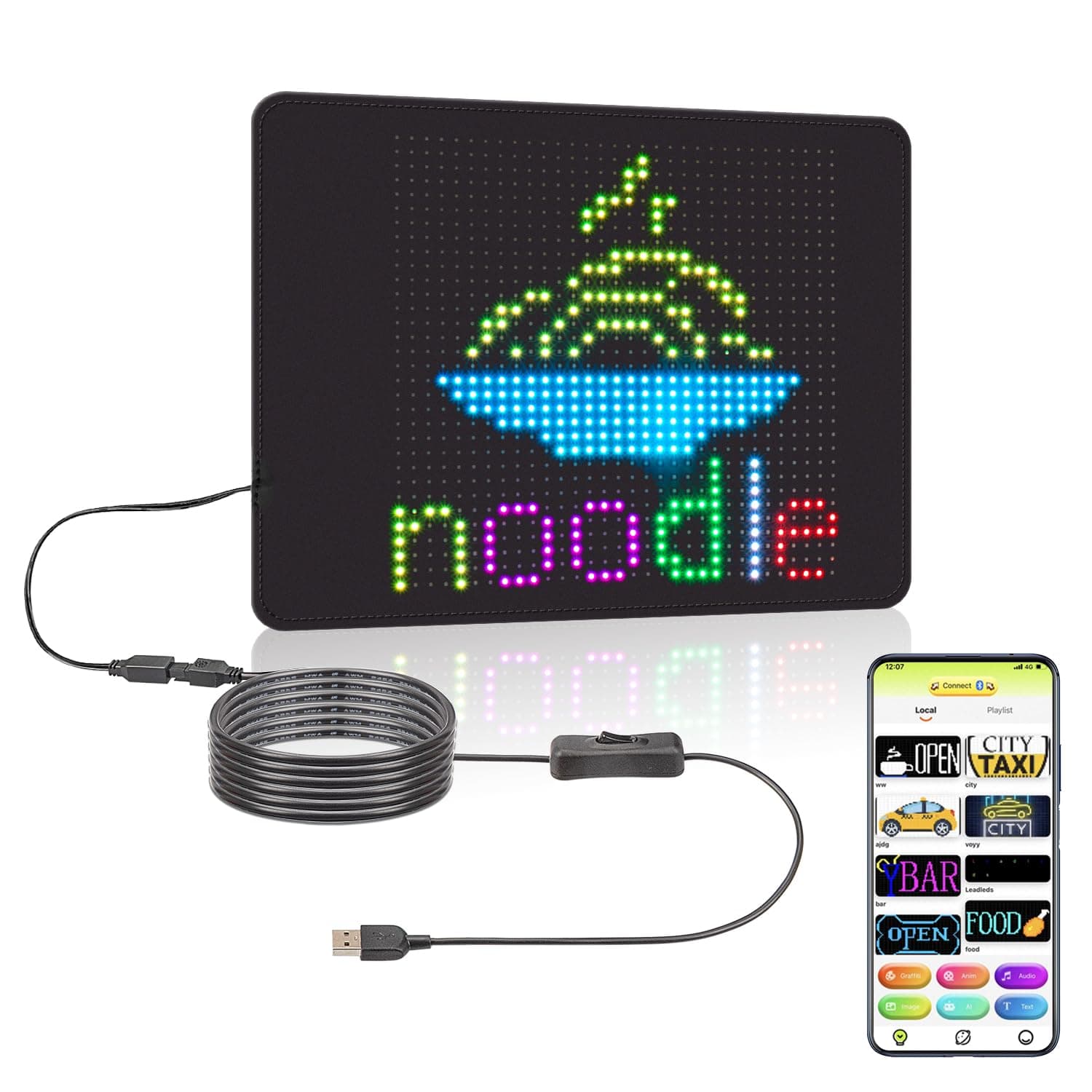 Leadleds5V USB Programmable LED Sign 23 x 18.6 cm, Flexible Display Message Board Scrolling LED Car Sign, Bluetooth App, Custom Text Pattern Animation, Graffiti