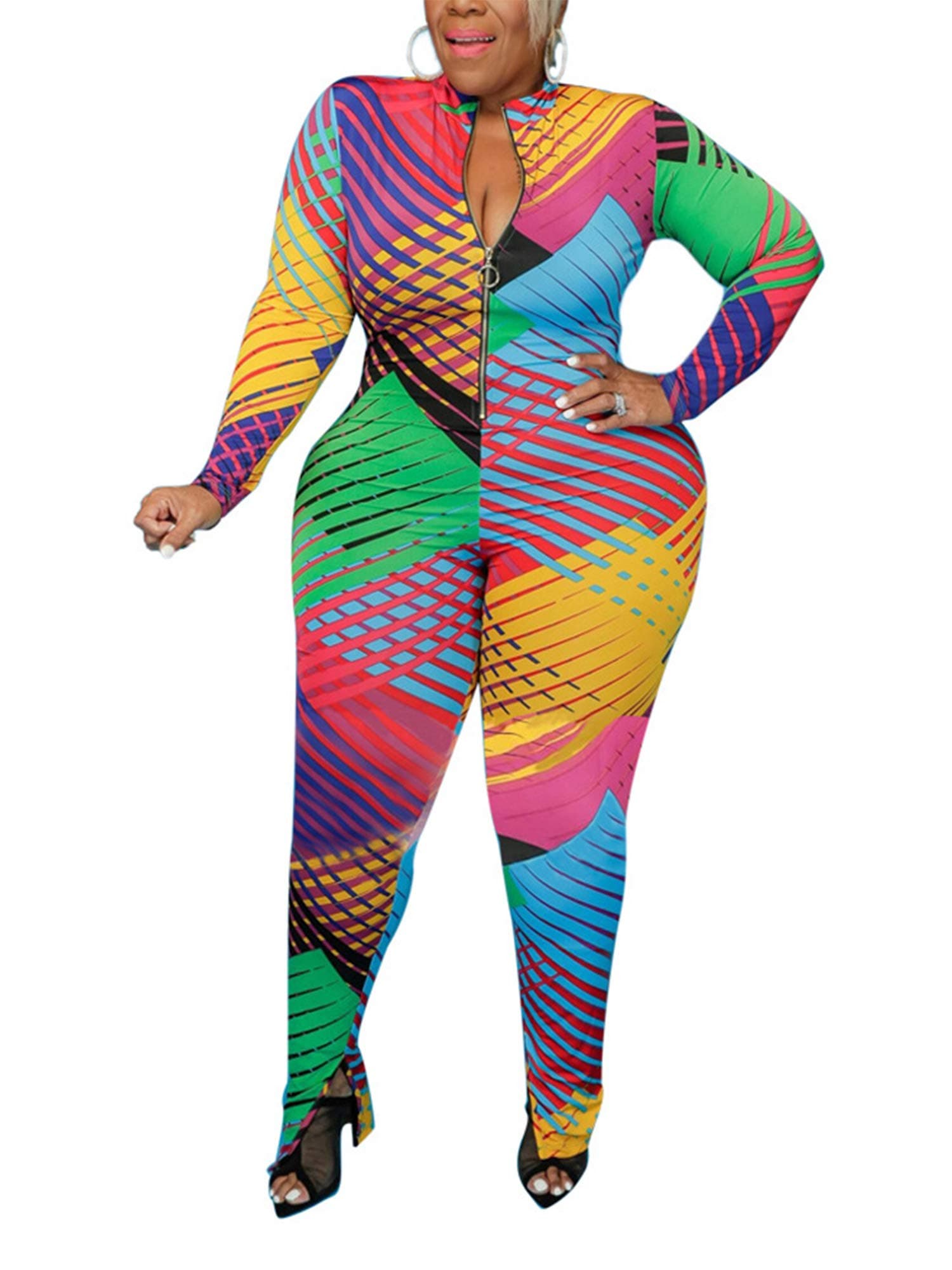 Women's Color Block Deep V Neck Plus Size Jumpsuits Irregular Stripe Printing Slimming Long Sleeve Romper
