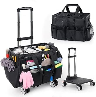 Rolling Cleaning Caddy Bag with Detachable Trolley, Multi-Functional Portable Cleaning Cart Supplies Organizer for Housekeeping and Domestic Cleaning, Cleaning Caddy with Wheels, Black