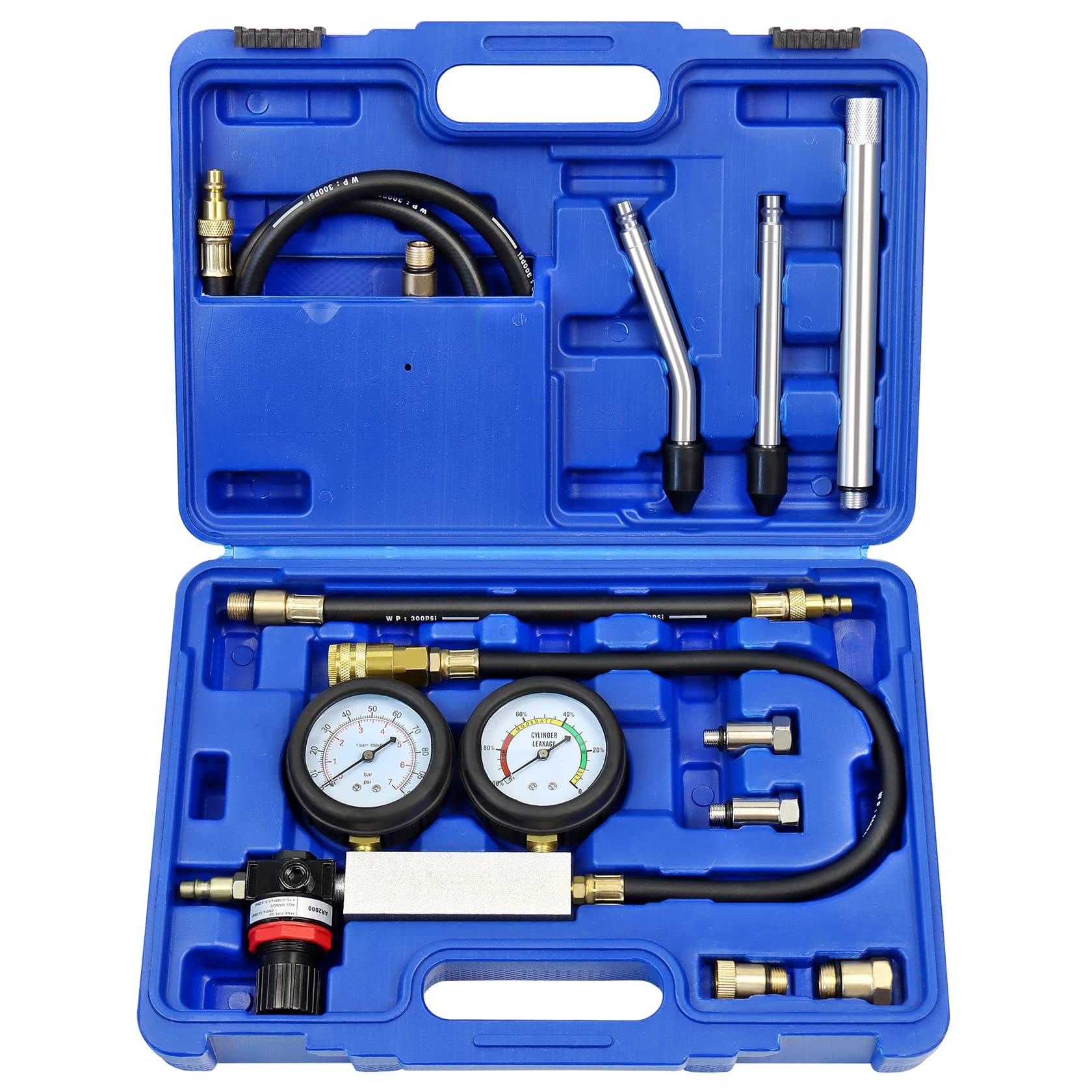 YSTOOL Cylinder Leak Down Tester Automotive Kit Gasoline Engine Compression Dual Gauge Leakdown Detector Tool Set for Pressure Check & Leakage Rate Test with Extension Rod Blue