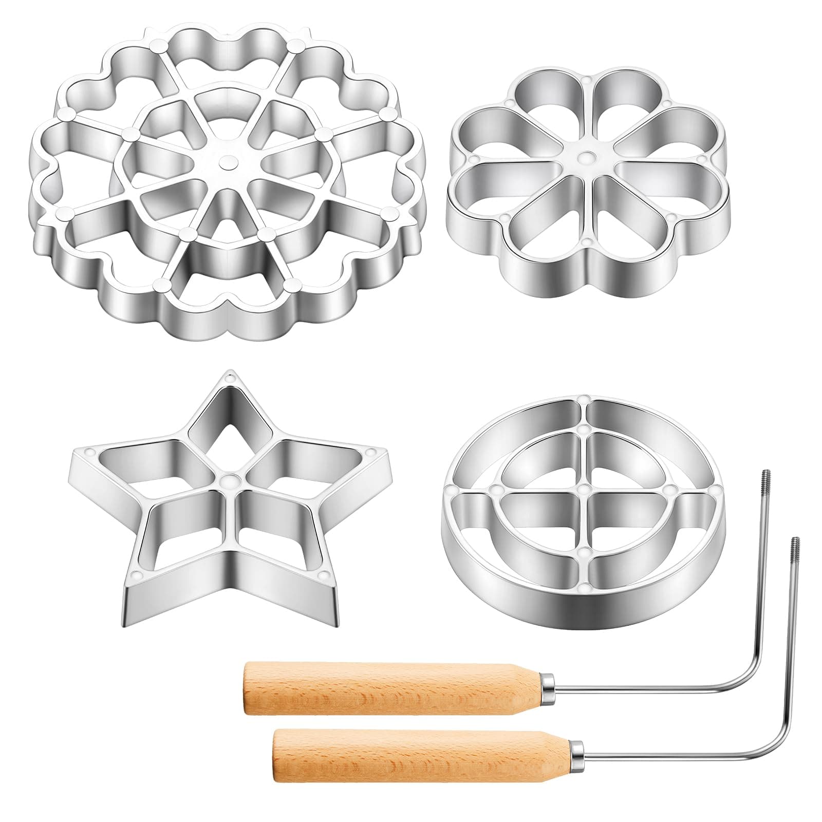 Ziliny 6 Pcs Rosette Iron Mold Set Bunuelos Mold with Handle Cooking Stamp Maker Kit Cookie Cutter Aluminum Alloy Waffle Maker with 3 Interchangeable Head Star Flower Circle(Wood)