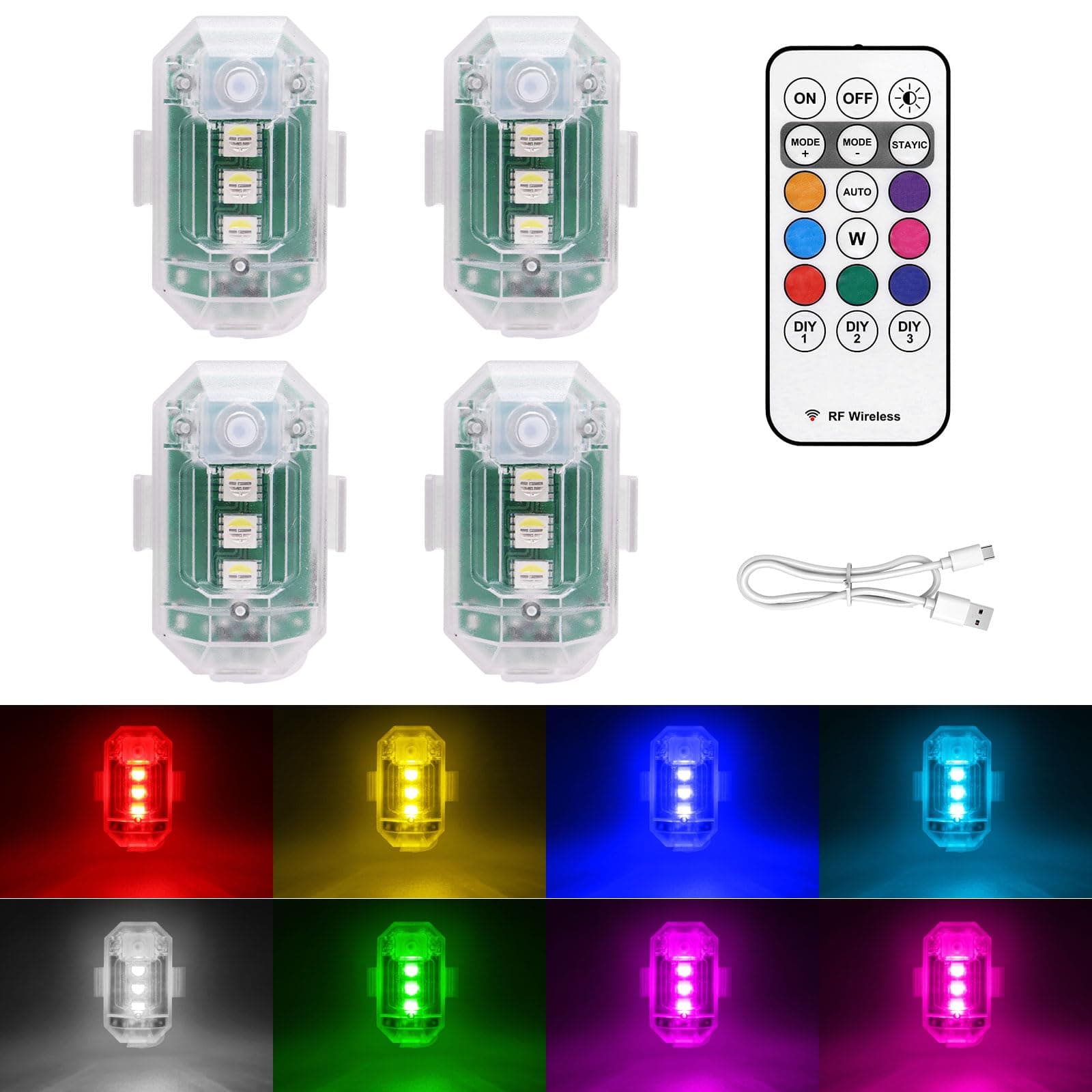 4PCS Wireless LED Strobe Lights with Remote Control, 8 Colors USB Rechargeable Anti-Collision Warning Light, High Brightness Wireless LED Lights for Car Drone Truck Motorcycle Aircraft Bike