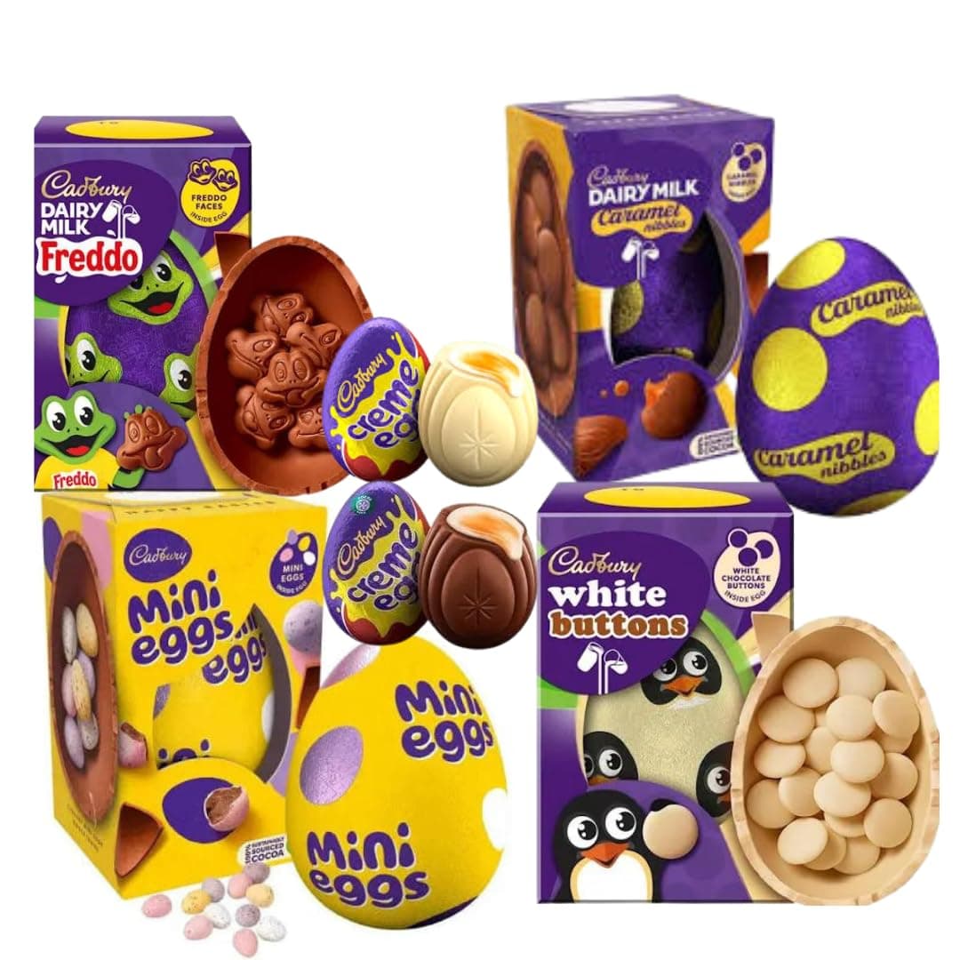 Easter Eggs Bundle - 4X Medium Egg and 1x Chocolate Bunny - Easter Hamper for Kids Adults - Mini Egg, Creme Eggs, Caramel, Freddo & White Buttons Egg
