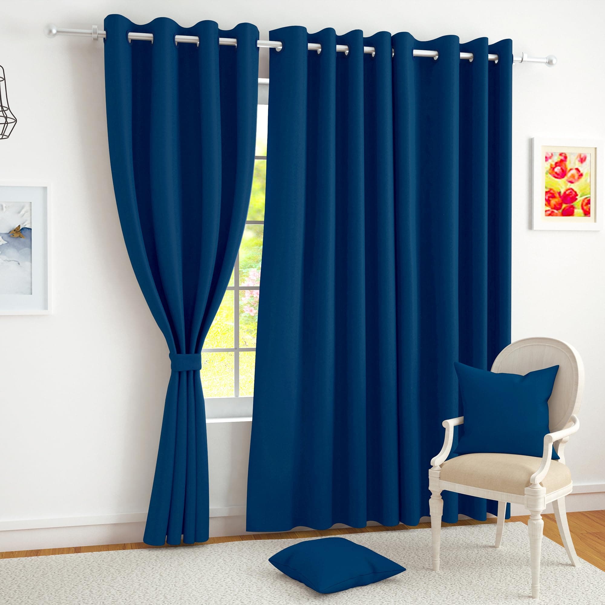 Story@Home 215 CM Premium Faux Silk Solid Pattern 100% Blackout Grommet Door Curtain, Navy Blue, Pack Of 1