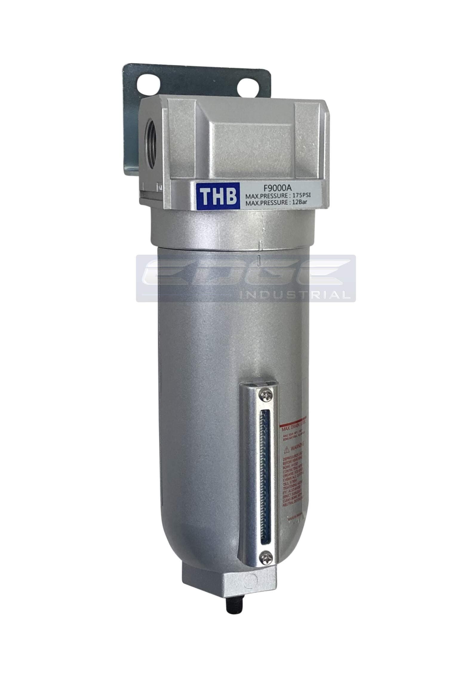 THB HEAVY DUTY INDUSTRIAL RATED HIGH FLOW PARTICULATE FILTER, IN-LINE WATER TRAP FOR COMPRESSED AIR LINE SYSTEMS, 5 MICRON WITH METAL BOWL AND AUTO DRAIN (3/4" NPT, 11oz)