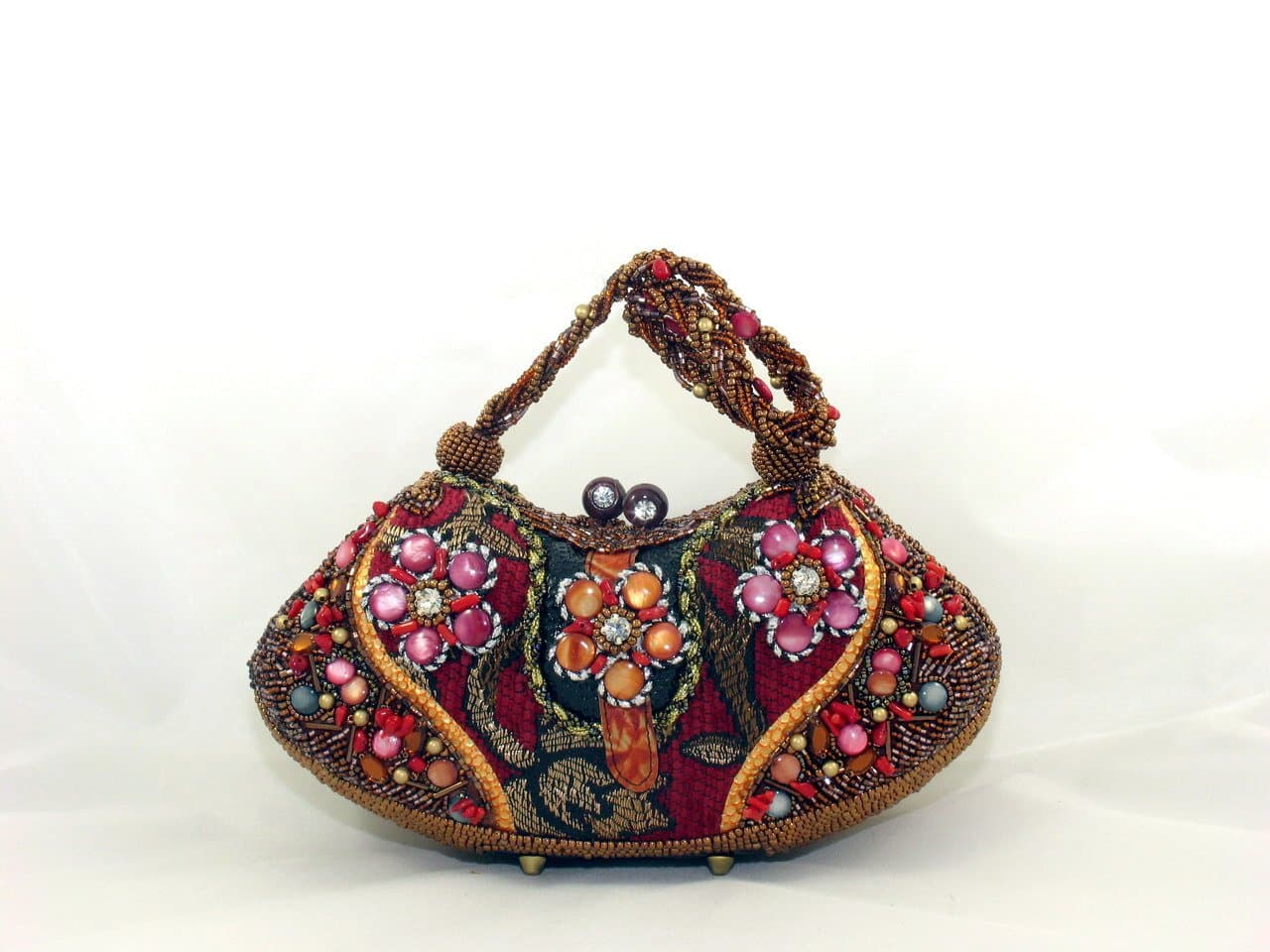 WF0710-03 fully beaded handmade evening handbag multi-red clasp closure with beaded strap