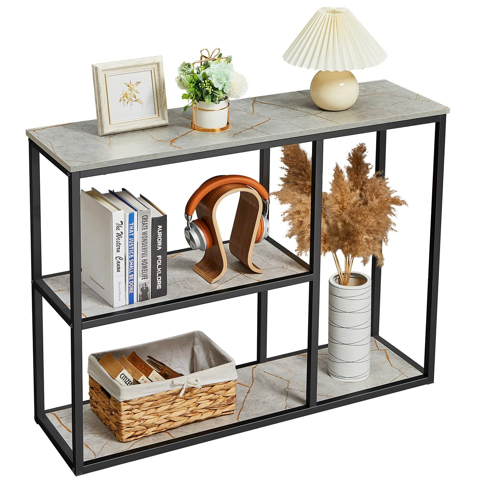 WOHOMO Console Table, 12 Inch Narrow Sofa Table with 3-Tier Storage Shelves, 31.5 Inch Industrial Entryway Table for Living Room, Corridor, Hallway, Grey Marble