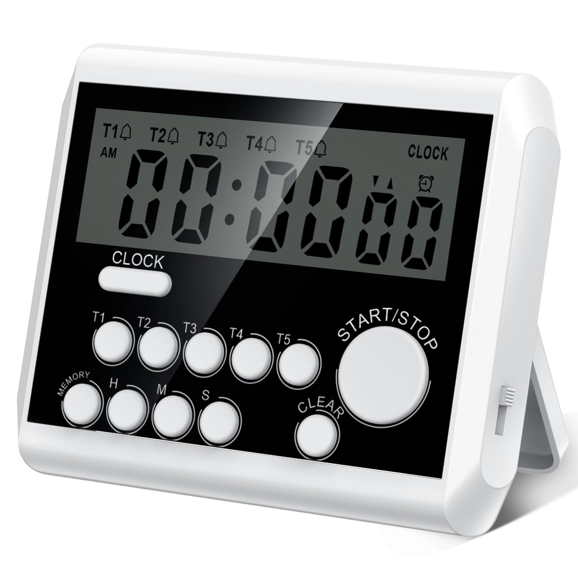 XREXS 5 Channels Digital Kitchen Timer, Clock Mode with Large LCD Display, Cooking Timer, Loud Volume Alarm and Flashing Light with Magnetic Back, Stand, Battery Included