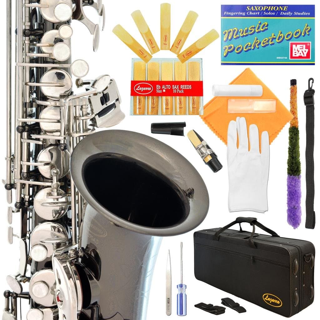 370-BN - Black Nickel/Silver Keys Eb E Flat Alto Saxophone Sax Lazarro+11 Reeds,Music Pocketbook,Case,Care Kit - 24 Colors with Silver or Gold Keys