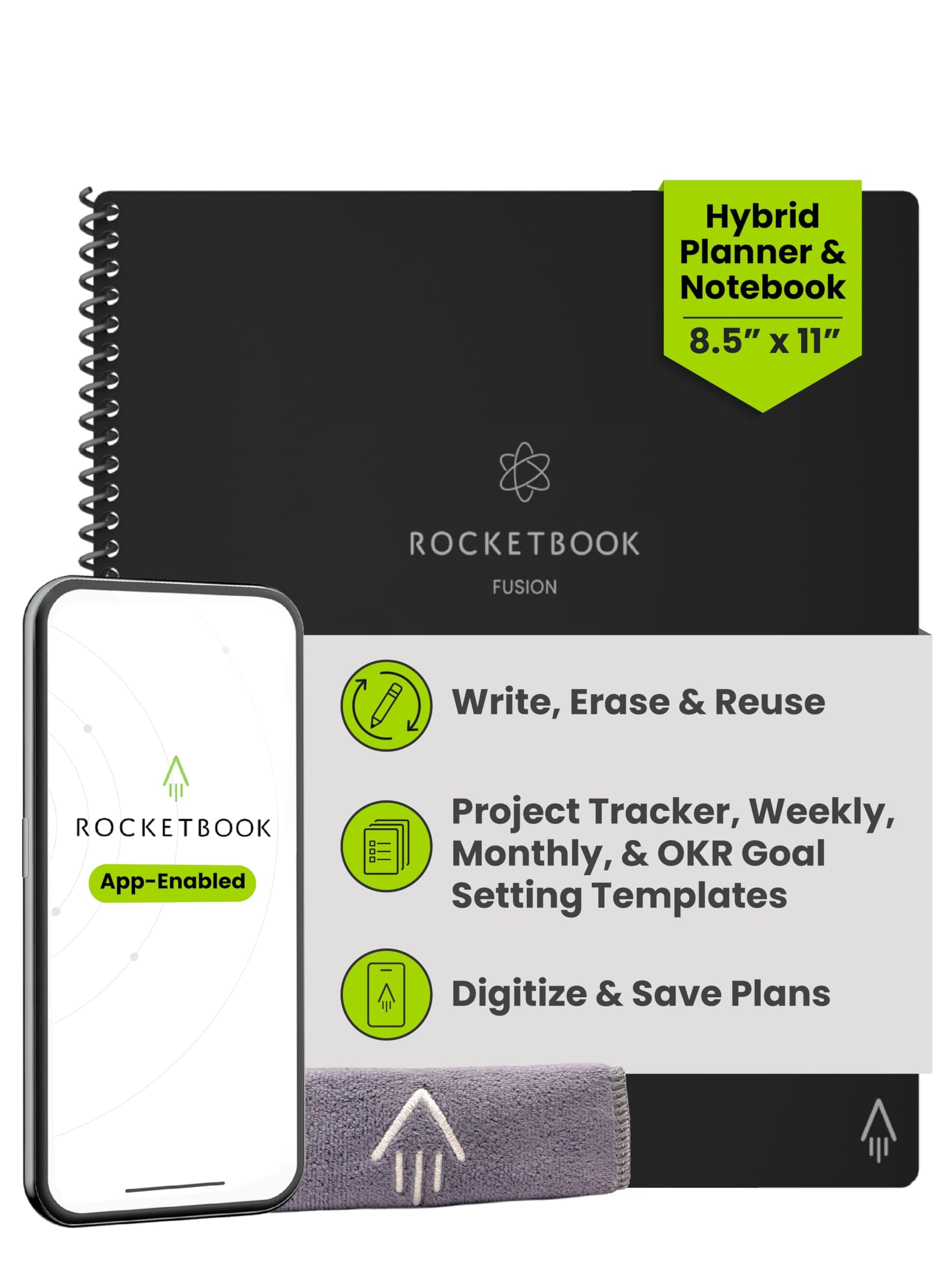 Rocketbook Fusion Smart Reusable Notebook - Calendar, To-Do Lists, and Note Template Pages with 1 Pilot Frixion Pen & 1 Microfiber Cloth Included - Infinity Black Cover, Letter Size (8.5" x 11")