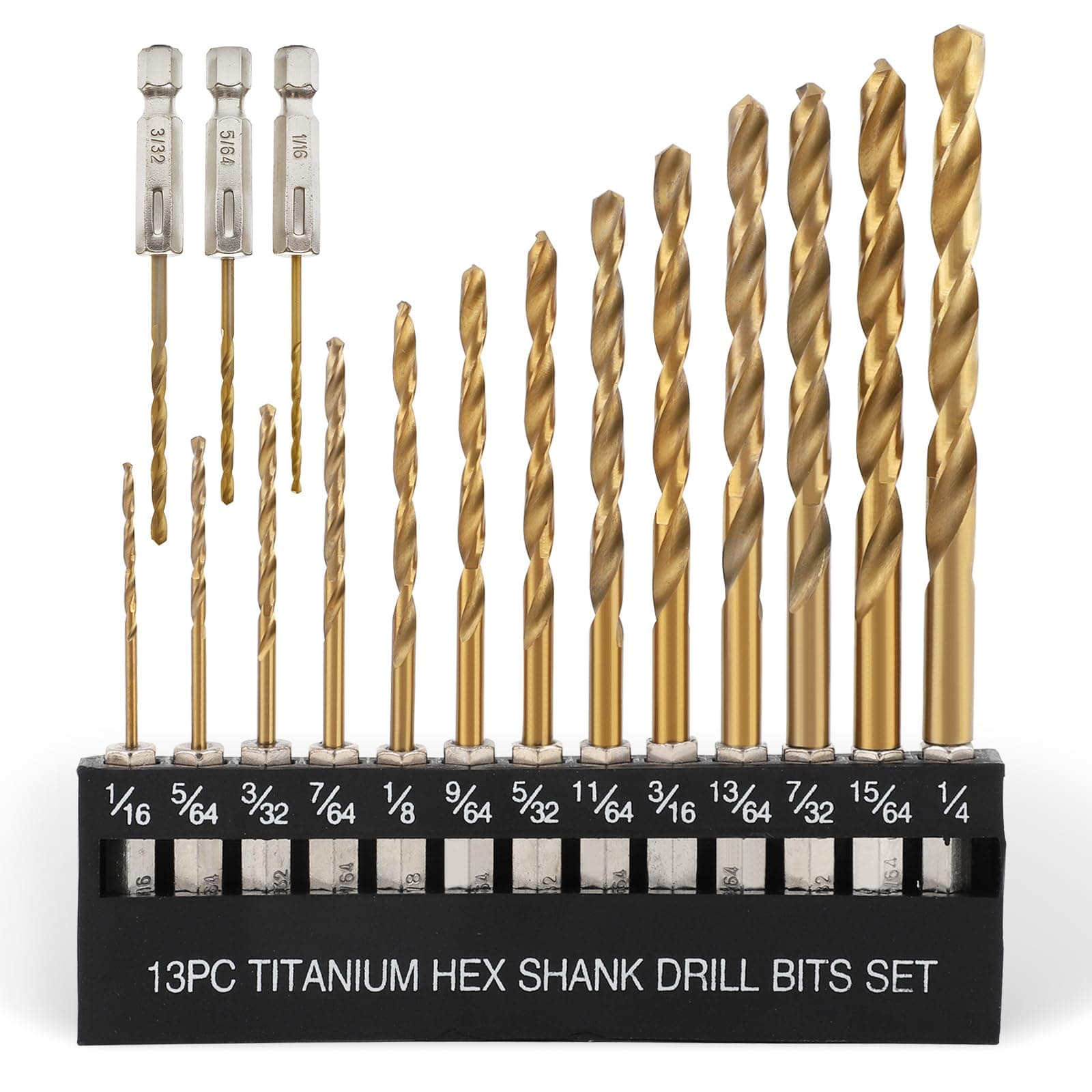 Titanium Twist Drill Bit Set - 16 Pcs Hex Shank High Speed Steel for Wood Plastic Aluminum Alloy, Quick Change, 1/16"-1/4"