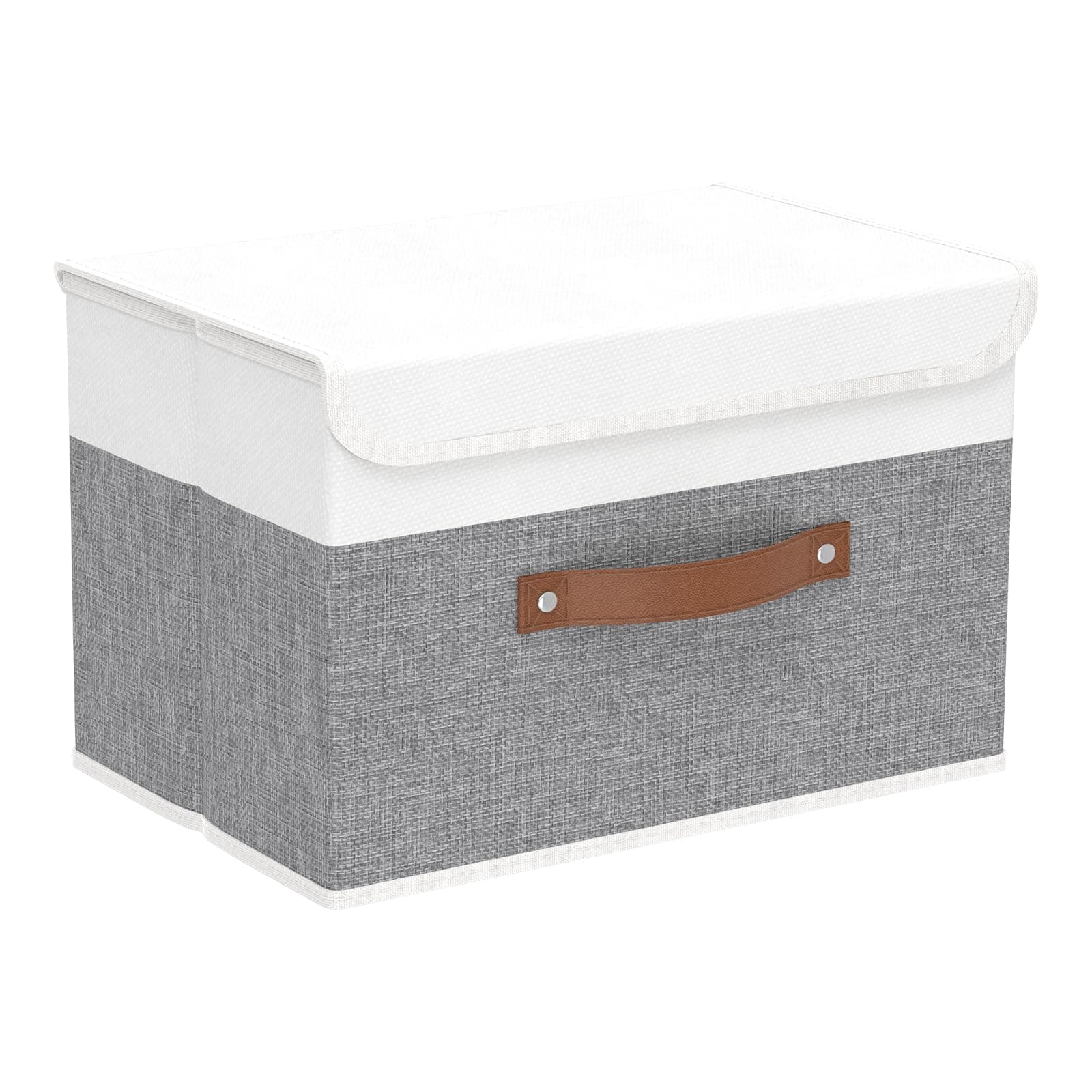 Yawinhe Storage Boxes with Lids, Linen Fabric Bin, Cube Organizer Basket, Washable and Leather Handle, for Home, Closet, White/Grey, 15.0''Lx9.8''Wx9.8''H, 1-Pack, USNK024WGL-1