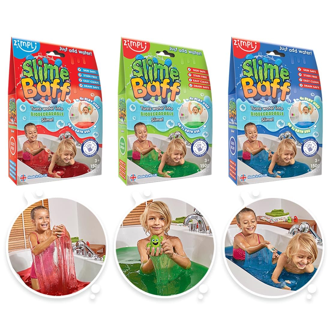 3 x Slime Baff Bundle from Zimpli Kids, Green, Blue and Red, Turn Water Into Gooey Slime, Children's Sensory and Bath Toy, Certified Biodegradable Gift