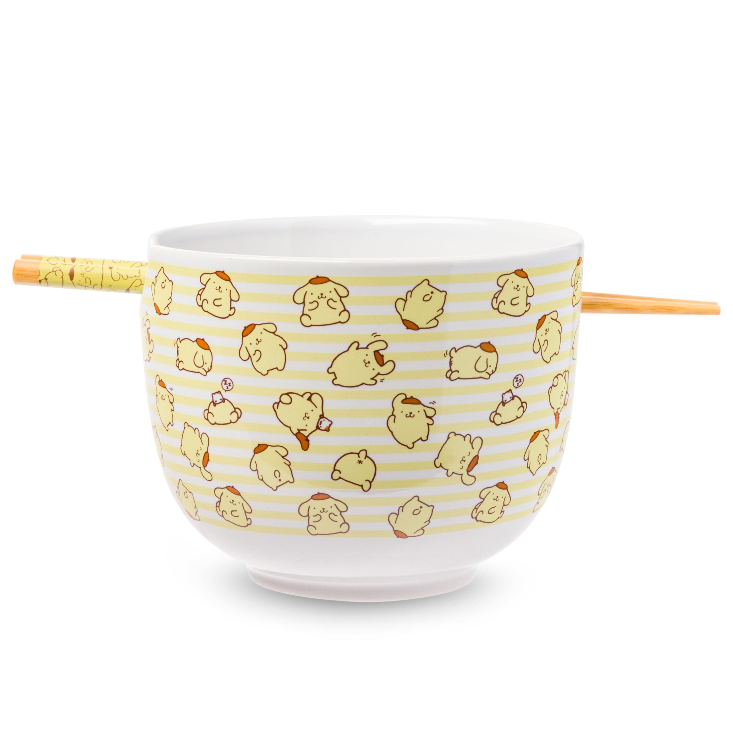 Silver Buffalo Sanrio Hello Kitty and Friends Pompompurin Pattern Ceramic Ramen Noodle Rice Bowl with Chopsticks, Microwave Safe, 20 Ounces